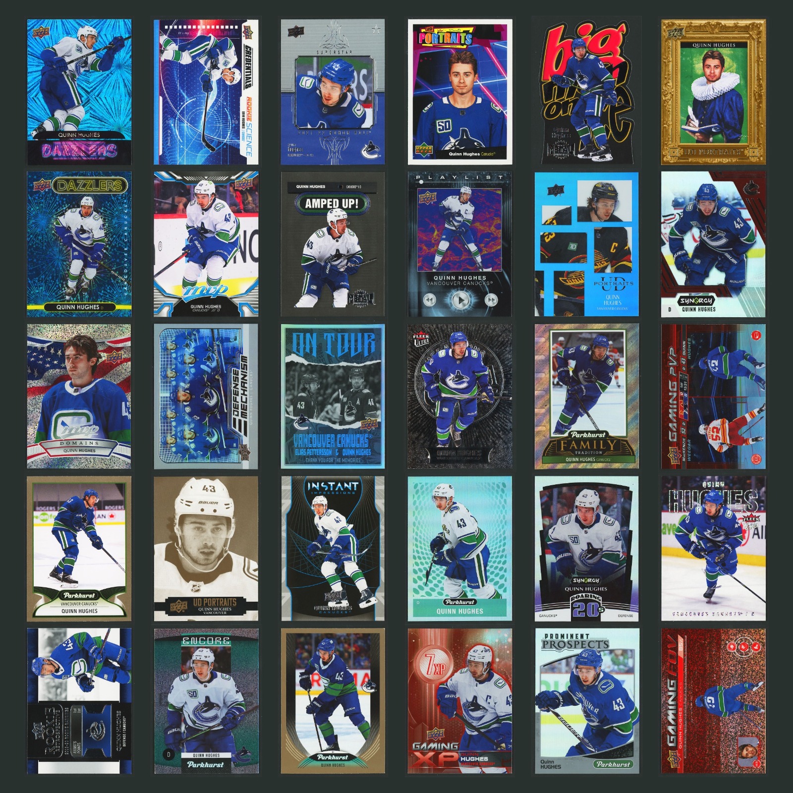 Quinn Hughes Lot 30 Hockey Cards 2020 Upper Deck Dazzlers Green Set Collection card scans. Overall card condition is Near Mint.