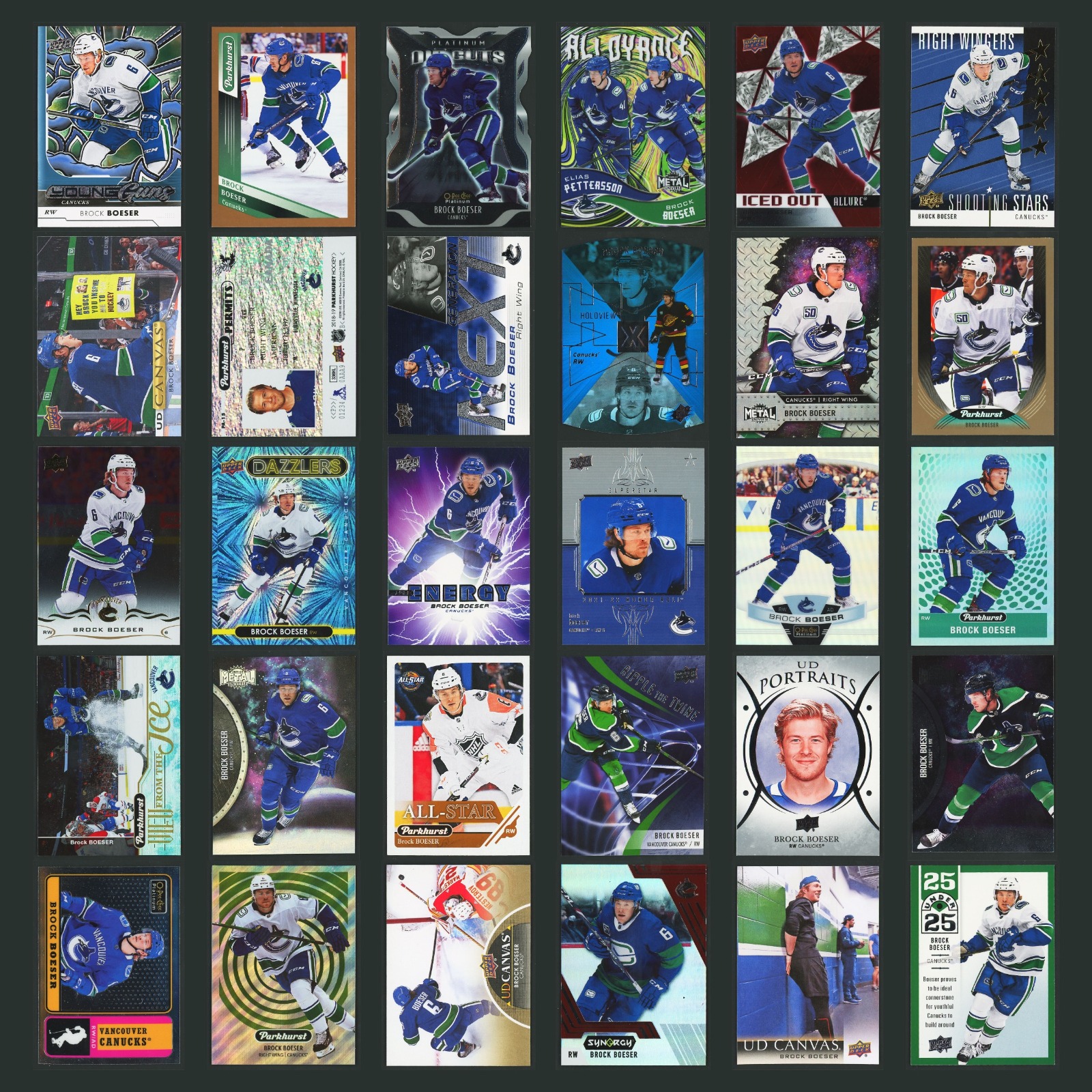 Brock Boeser Lot 30 Hockey Cards 2024 Upper Deck Young Guns Renewed (Series Two) card scans. Overall card condition is Near Mint.