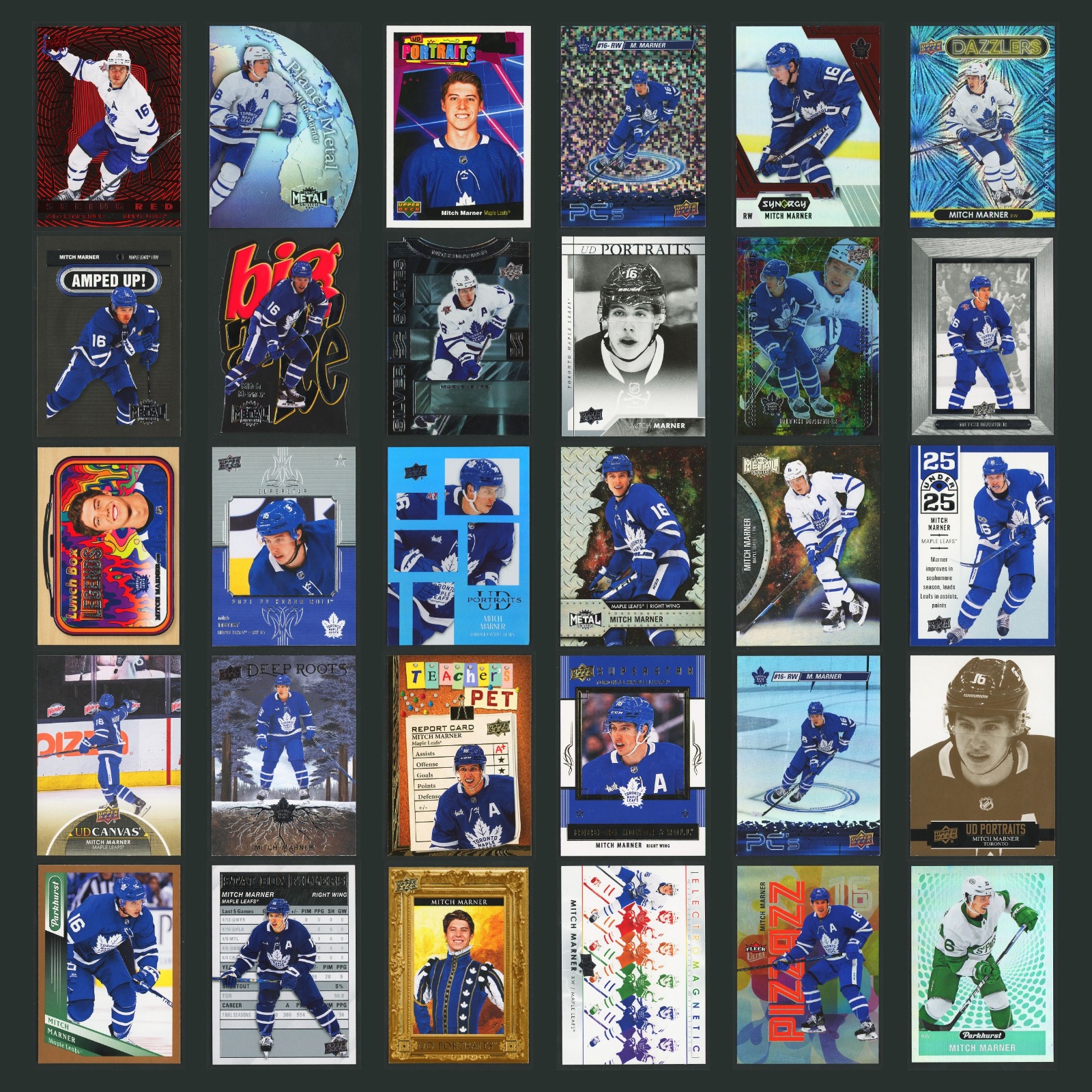 Mitch Marner Lot 30 Hockey Cards 2023 Upper Deck Seeing Red Toronto Maple Leafs card scans. Overall card condition is Near Mint.
