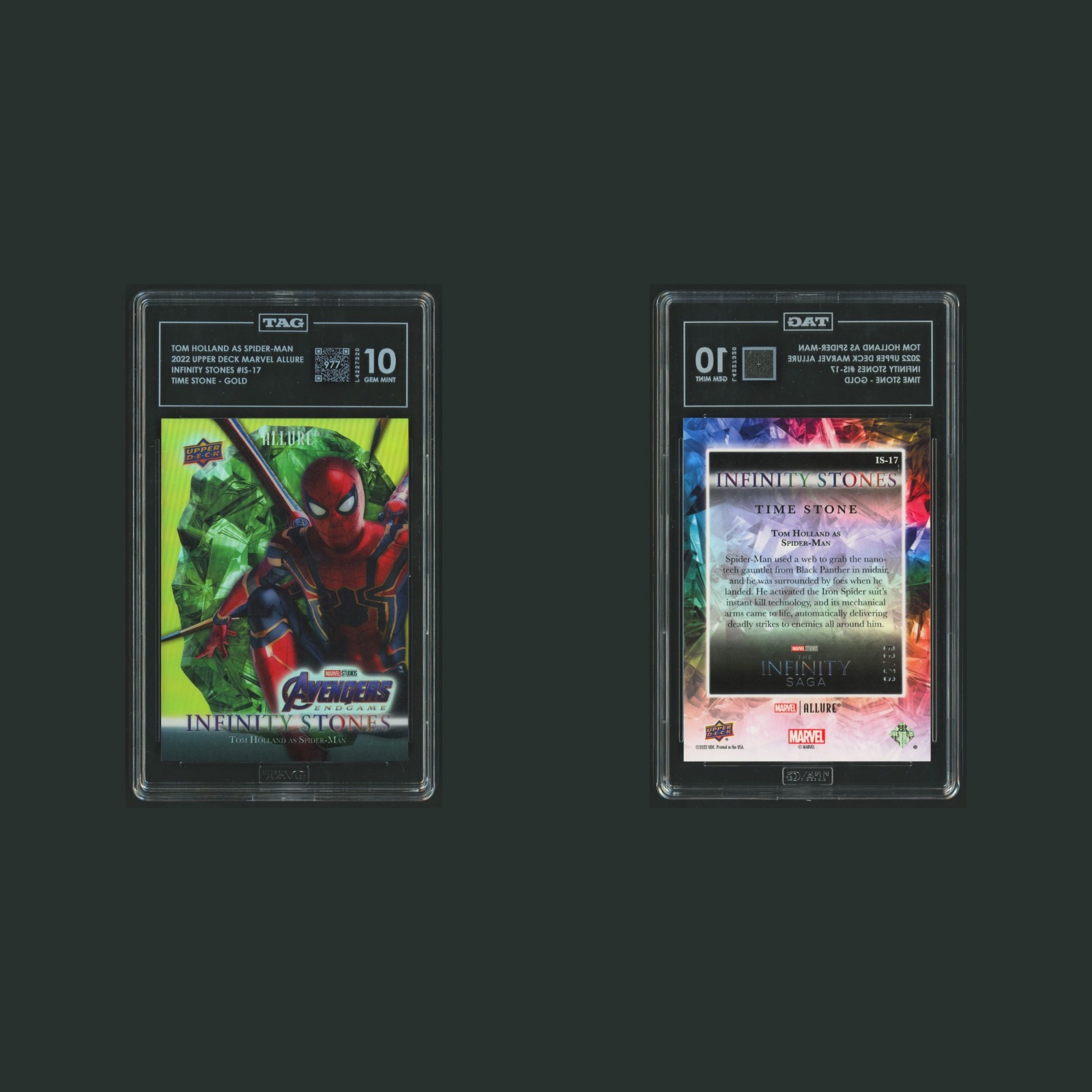 Spider-Man #IS-17 TAG 10 2022-23 Upper Deck Marvel Allure Time Stone Gold Card front and back scans. Card condition is Graded TAG 10.
