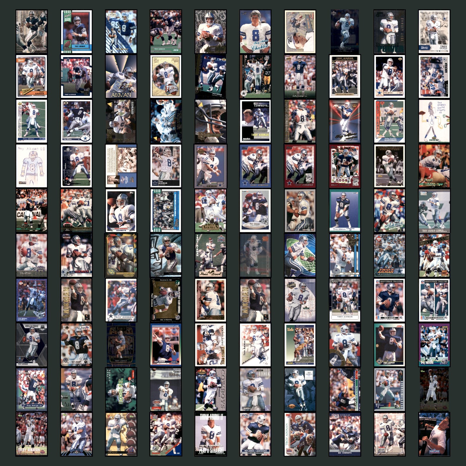 Troy Aikman Lot 100 Football Cards Dallas Cowboys No Card Dupes NFL Upper Deck card scans. Overall card condition is Near Mint.
