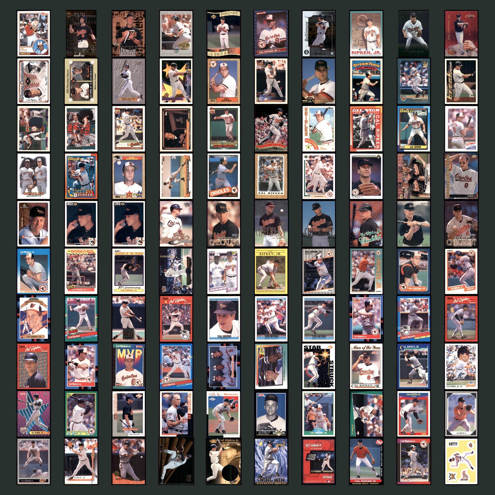 Cal Ripken Jr Lot 100 Baseball Cards Baltimore Orioles No Card Dupes MLB Topps card scans. Overall card condition is Near Mint.