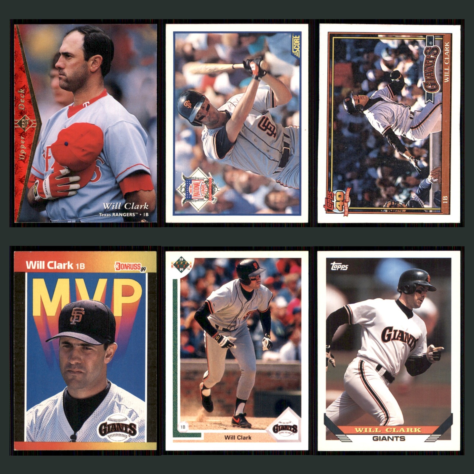 Will Clark Lot 6 Baseball Cards 1995 Upper Deck SP Texas Rangers Set Collection card scans. Overall card condition is Near Mint.