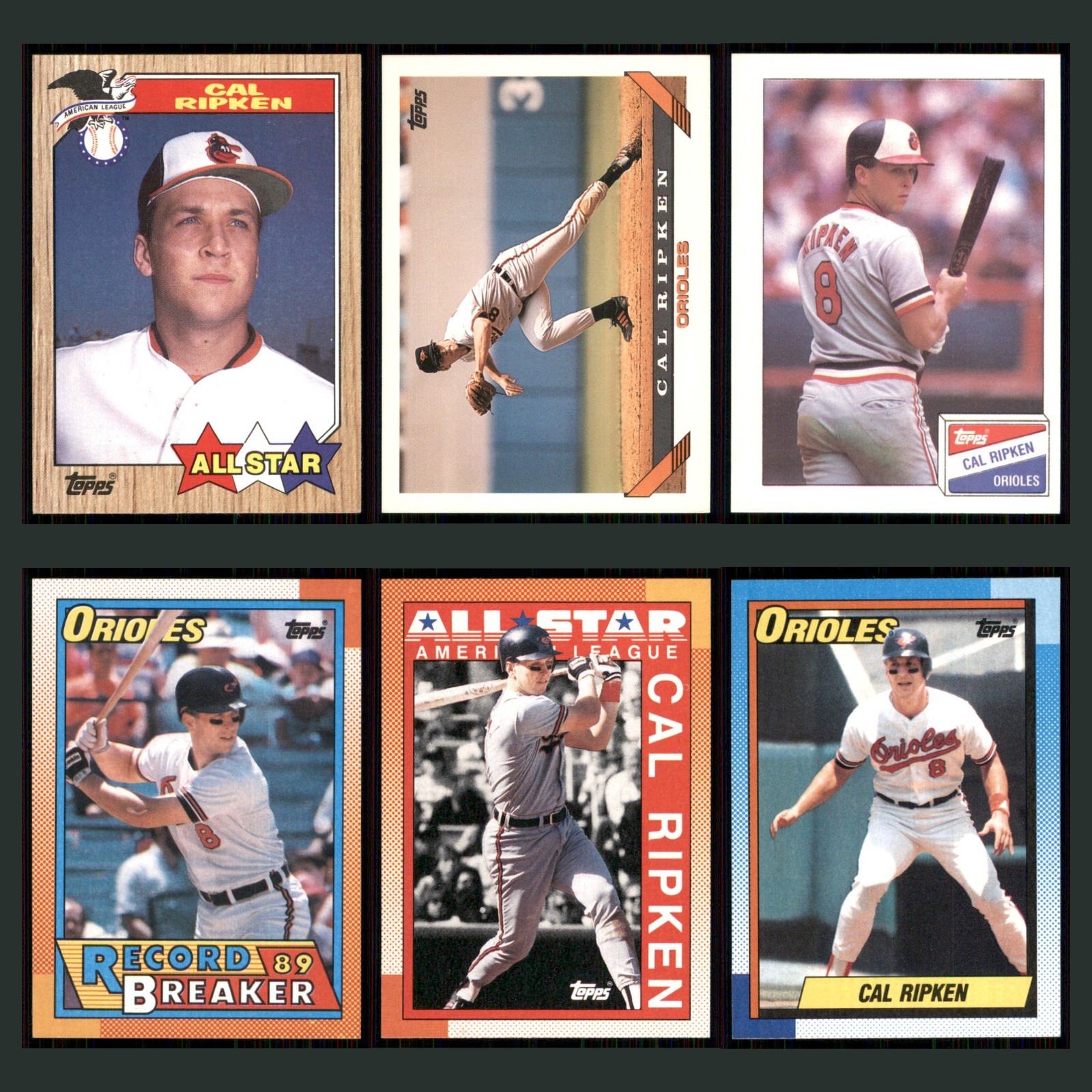 Cal Ripken Jr Lot 6 Baseball Cards 1987 Topps Baltimore Orioles Set Collection card scans. Overall card condition is Near Mint.