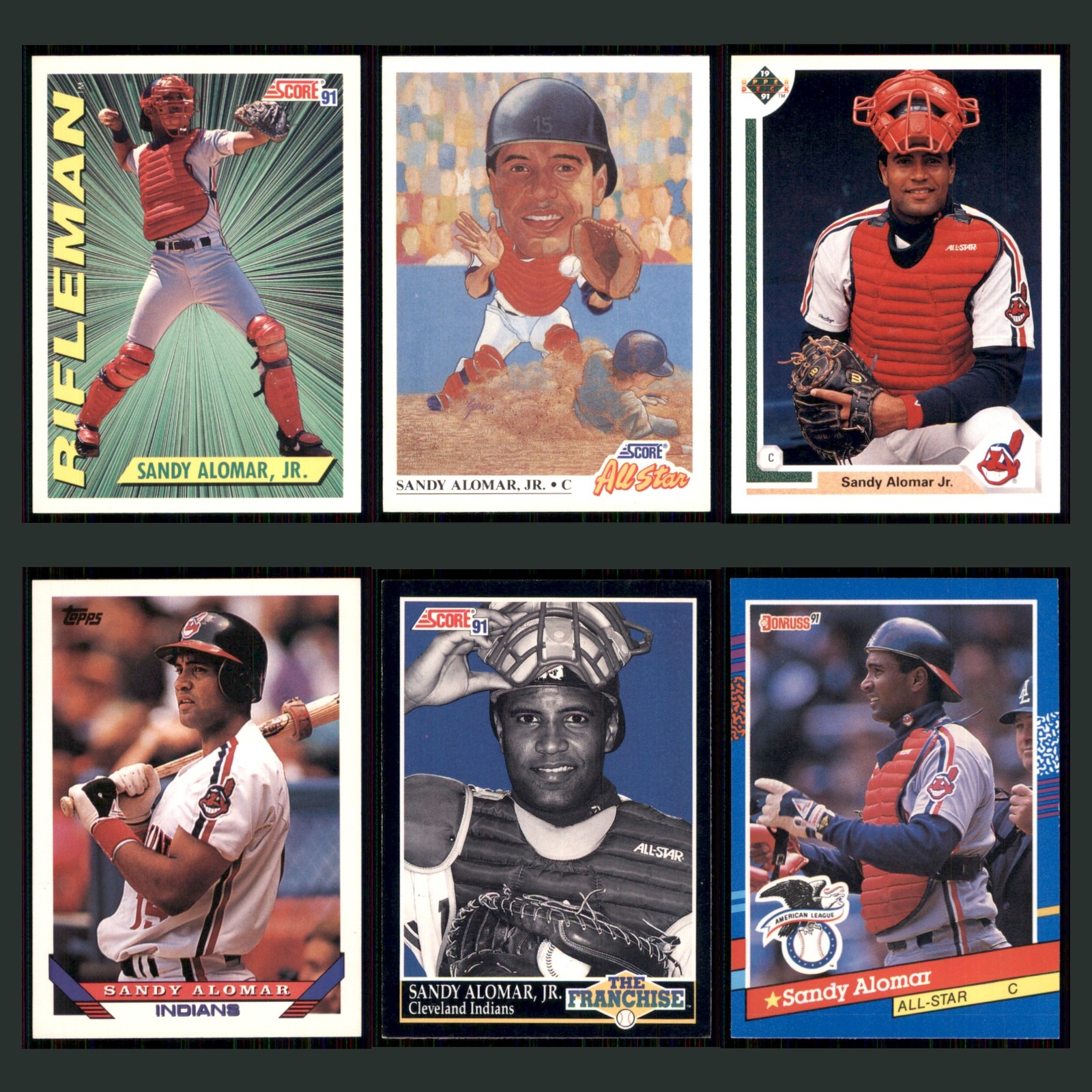 Sandy Alomar Jr Lot 6 Baseball Cards 1991 Score Cleveland Indians Set Collection card scans. Overall card condition is Near Mint.