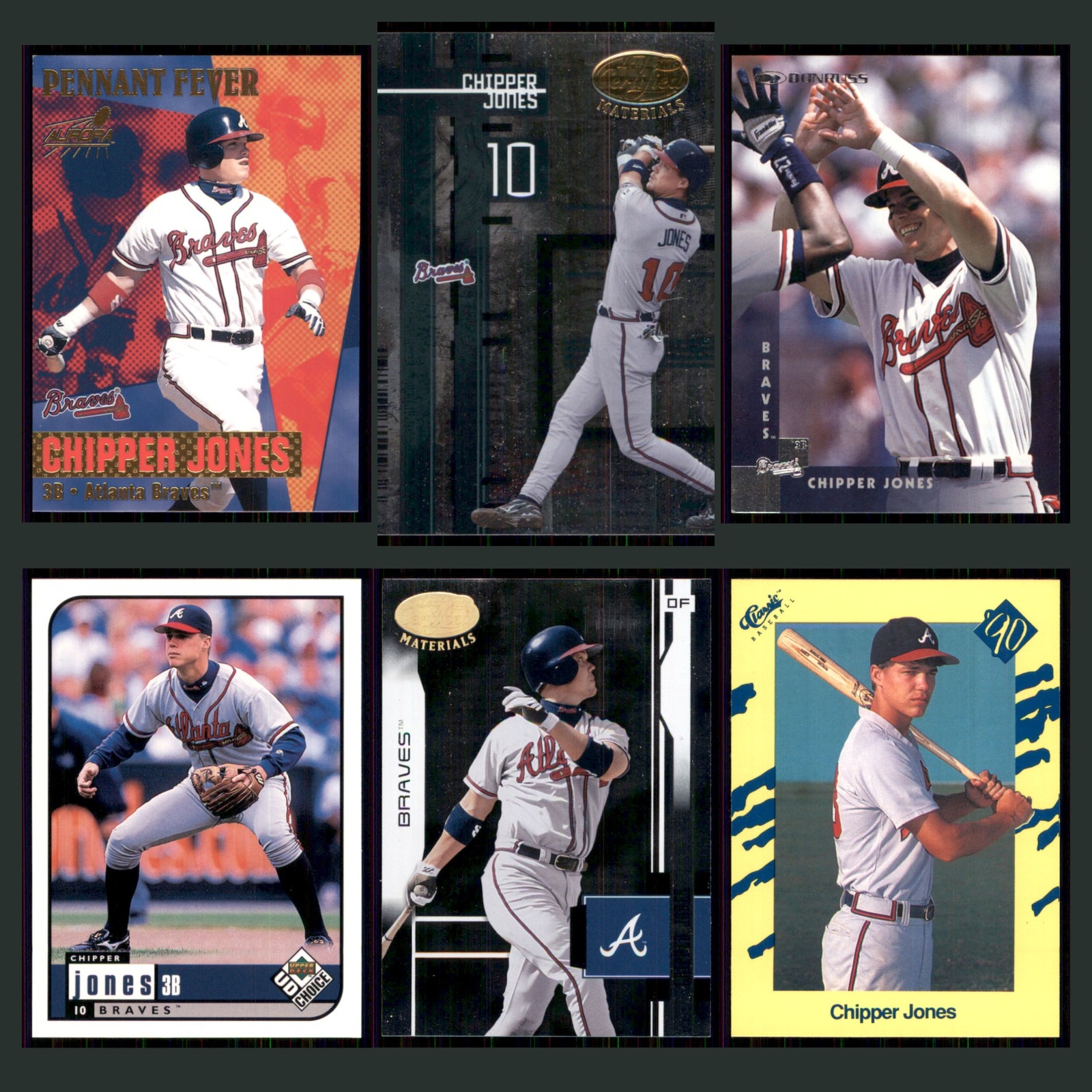 Chipper Jones Lot 6 Baseball Cards 1999 Pacific Pennant Fever Atlanta Braves Set card scans. Overall card condition is Near Mint.