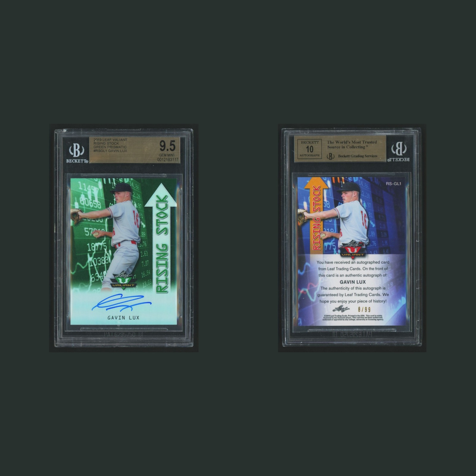 Gavin Lux /99 #RSGL1 BGS 9.5 2019 Leaf Valiant Rising Stock Green Prismatic Card front and back scans. Card condition is Graded BGS 9.5.
