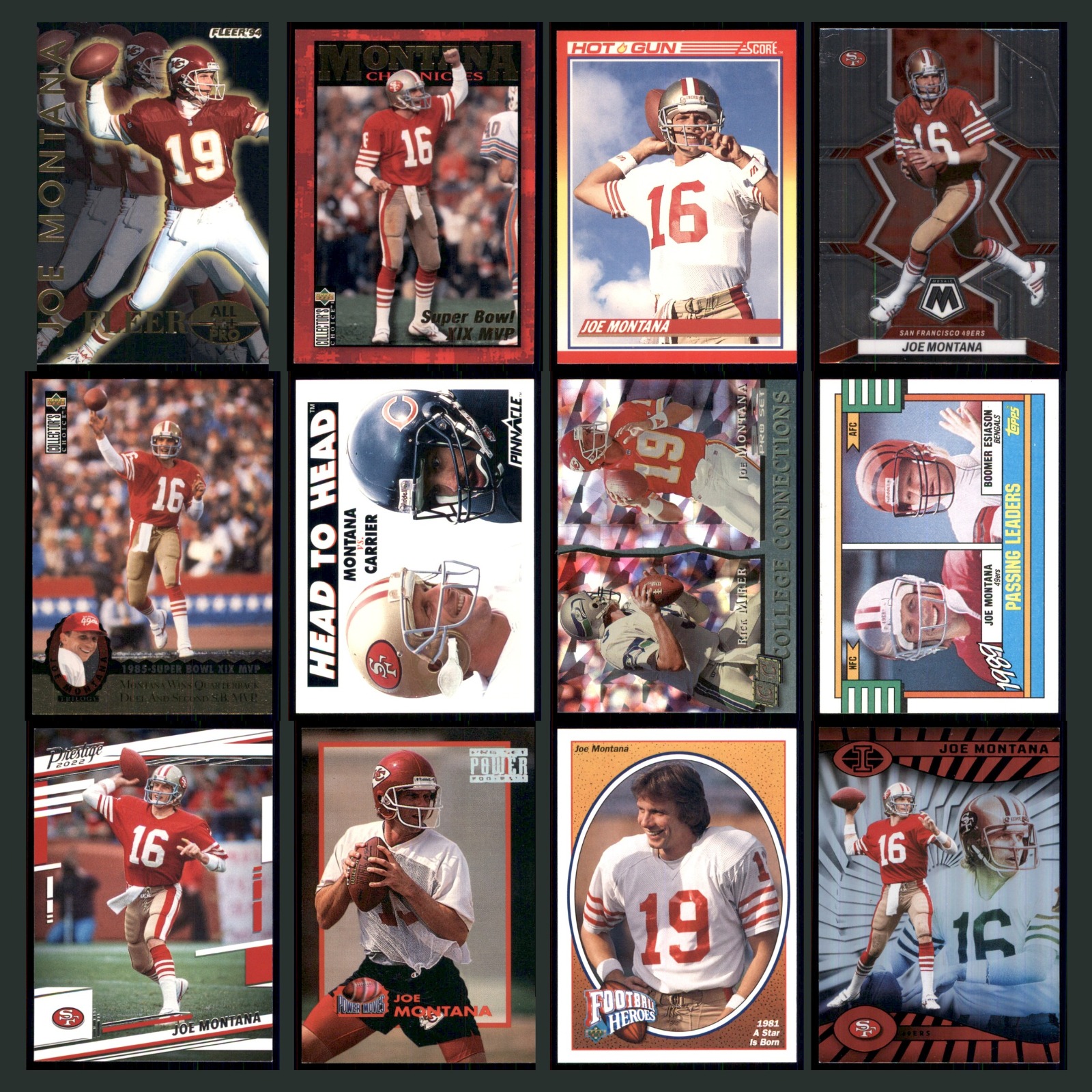 Joe Montana Lot 12 Football Cards 1994 Fleer All Pro Kansas City Chiefs Set NFL card scans. Overall card condition is Near Mint.