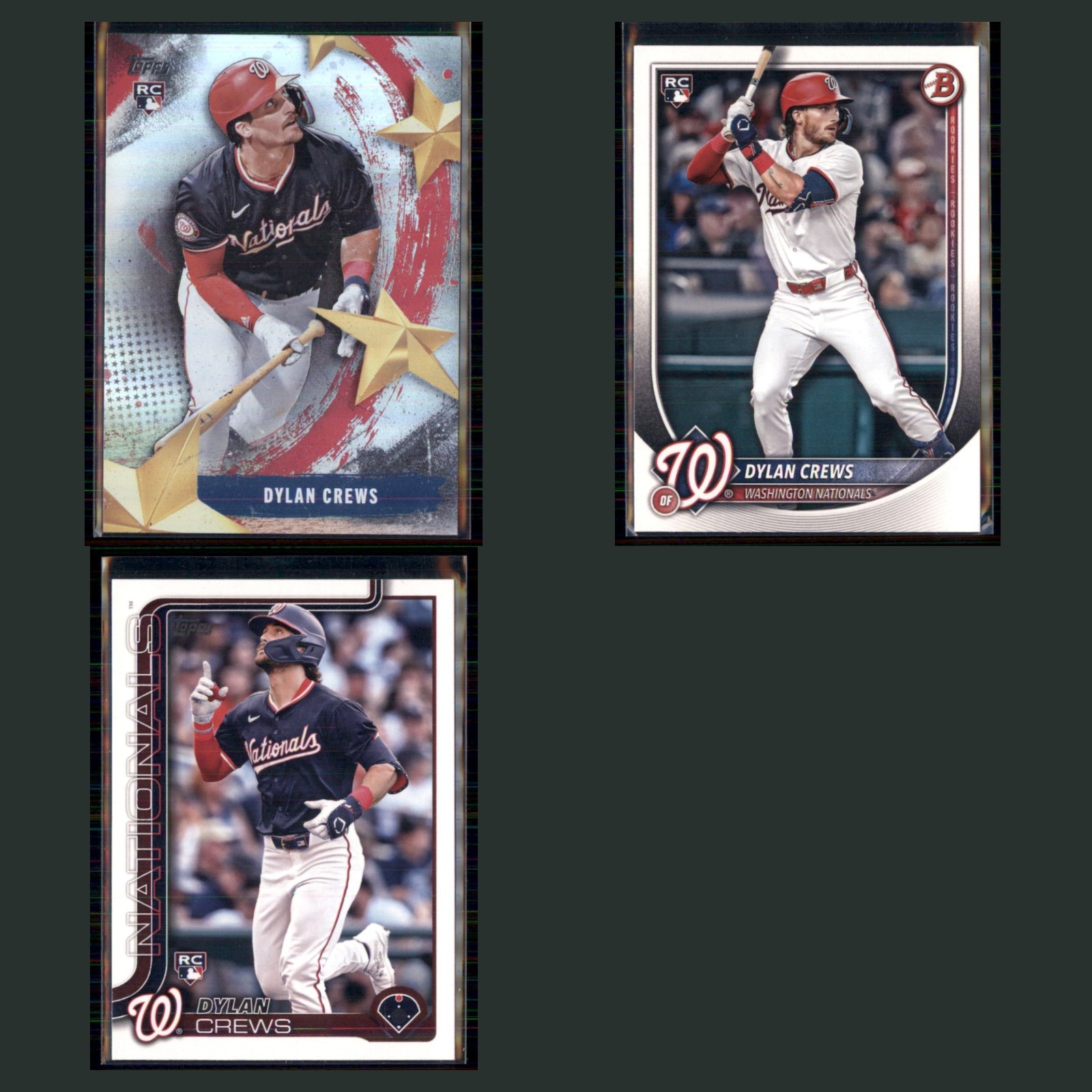 Dylan Crews Rookie Lot 3 Baseball Cards 2025 Topps Stars of MLB Nationals Set NM card scans. Overall card condition is Near Mint.