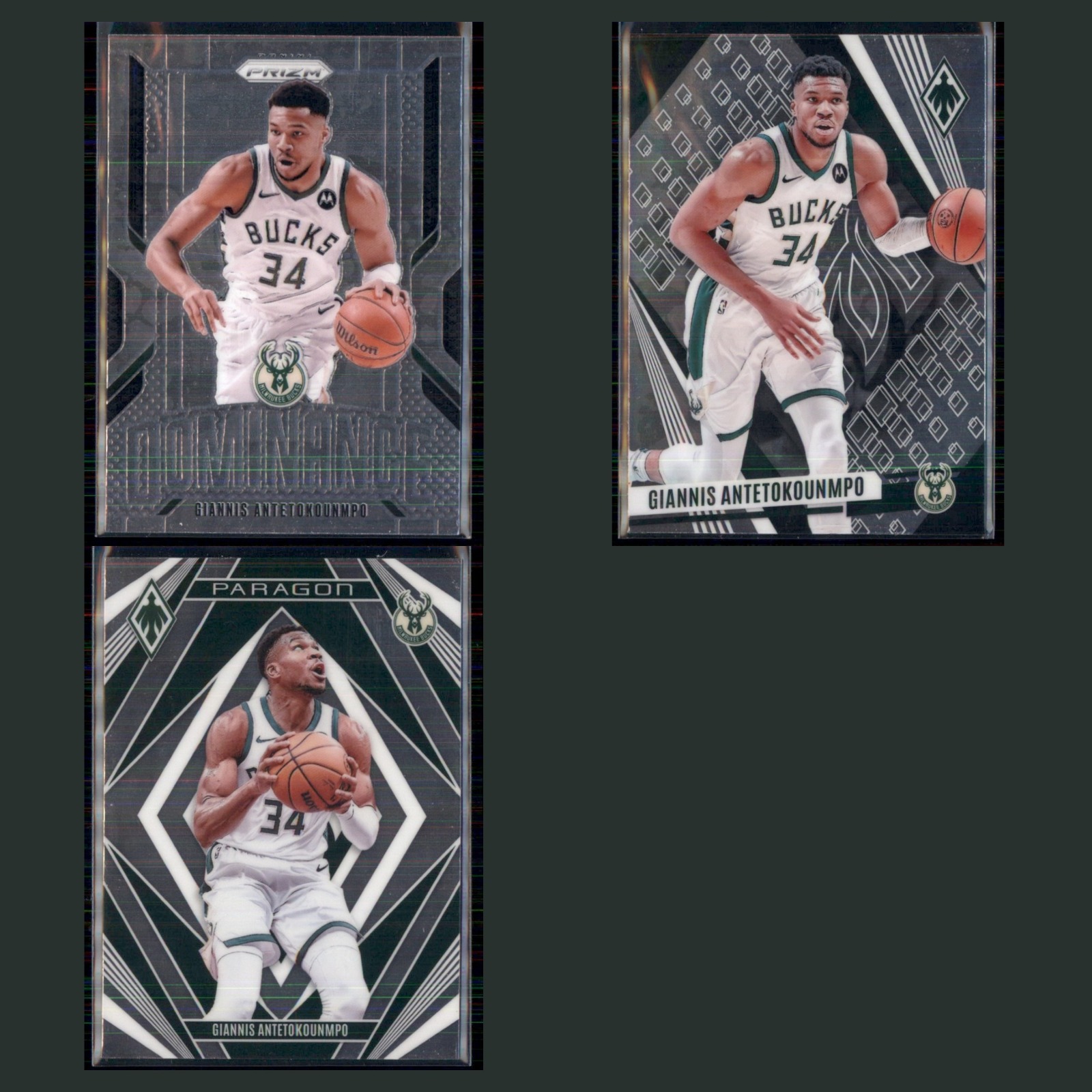 Giannis Antetokounmpo Lot 3 Basketball Cards 2024 Panini Prizm Dominance Bucks card scans. Overall card condition is Near Mint.