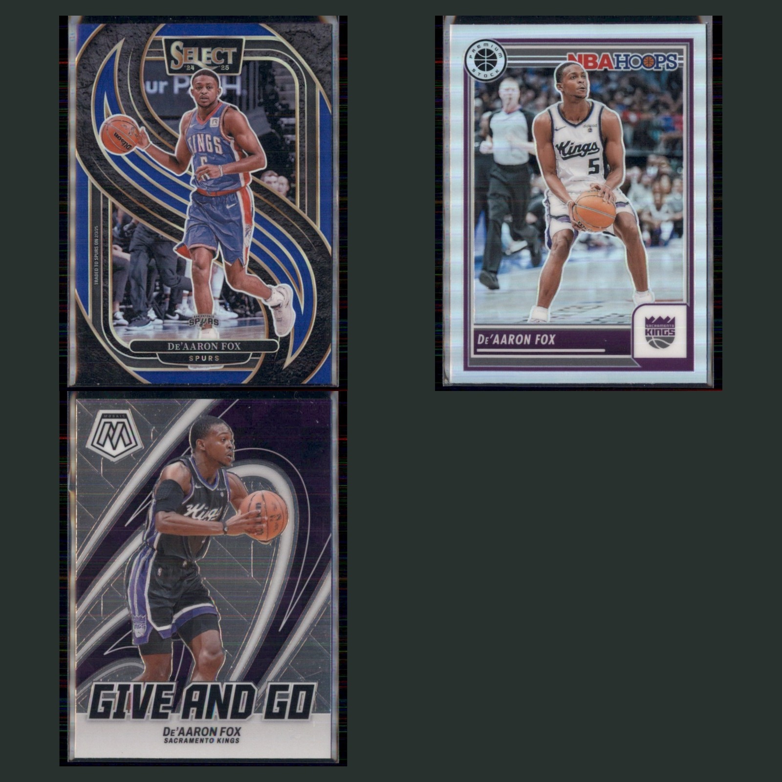 De'Aaron Fox Lot 3 Basketball Cards 2024 Panini Select Blue Prizm Spurs Set NBA card scans. Overall card condition is Near Mint.