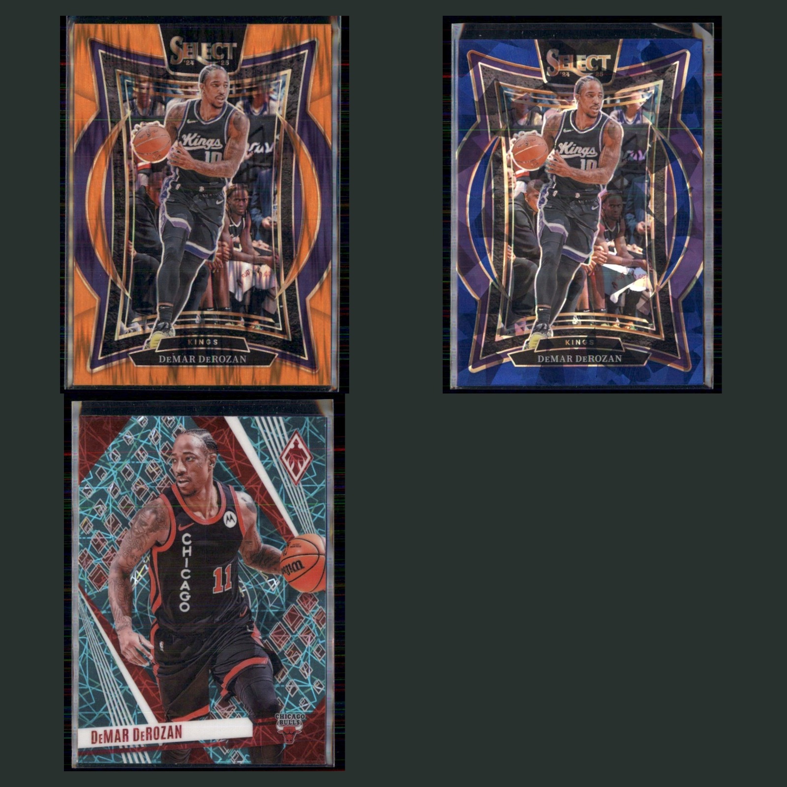 DeMar DeRozan Lot 3 Basketball Cards 2024 Panini Select Orange Shock Kings Set card scans. Overall card condition is Near Mint.
