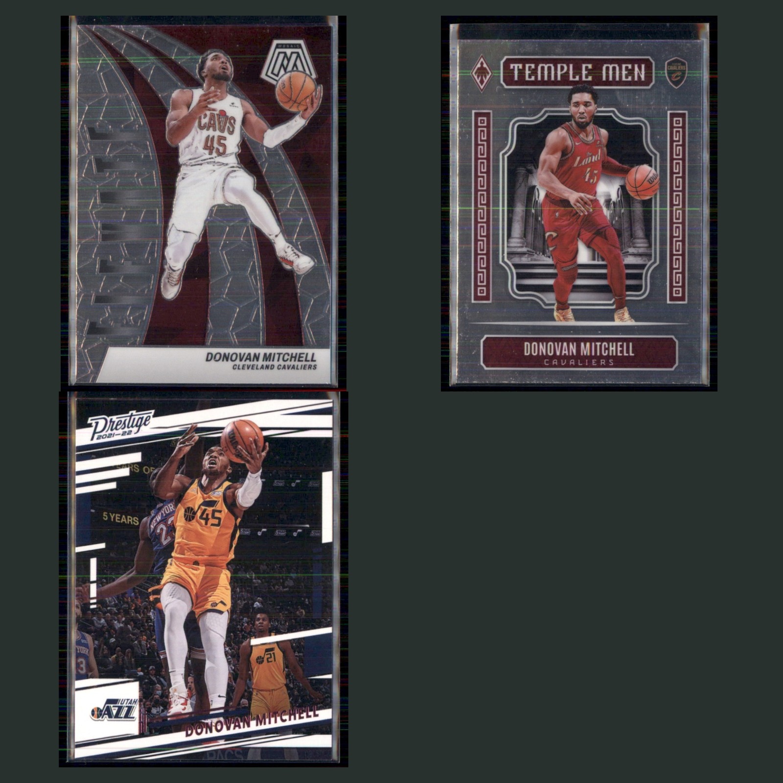 Donovan Mitchell Lot 3 Basketball Cards 2023 Panini Mosaic Elevate Cavaliers Set card scans. Overall card condition is Near Mint.