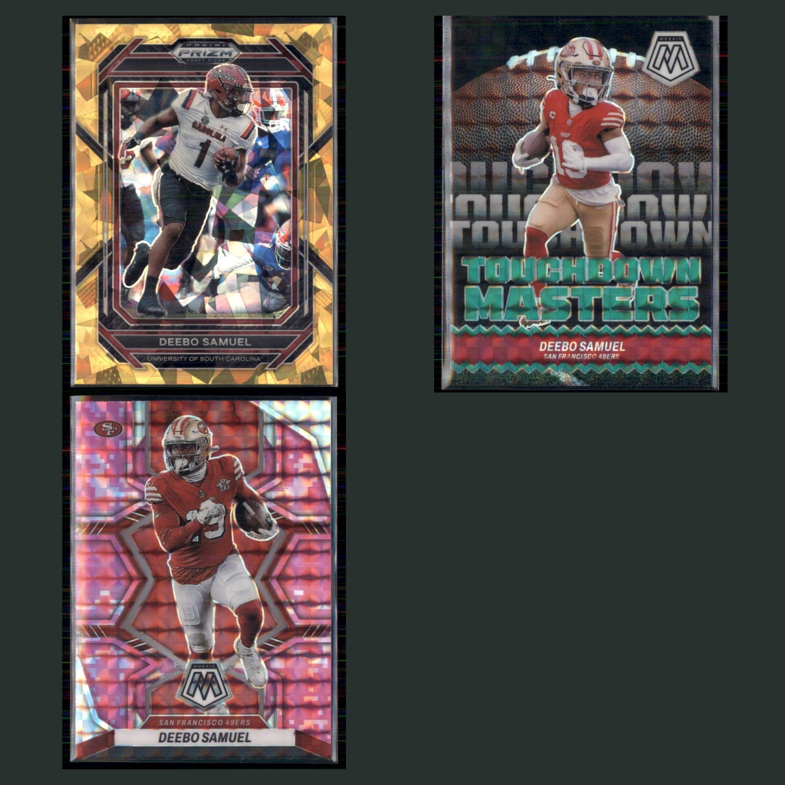 Deebo Samuel Lot 3 Football Cards 2023 South Carolina Gamecocks Set Collection card scans. Overall card condition is Near Mint.