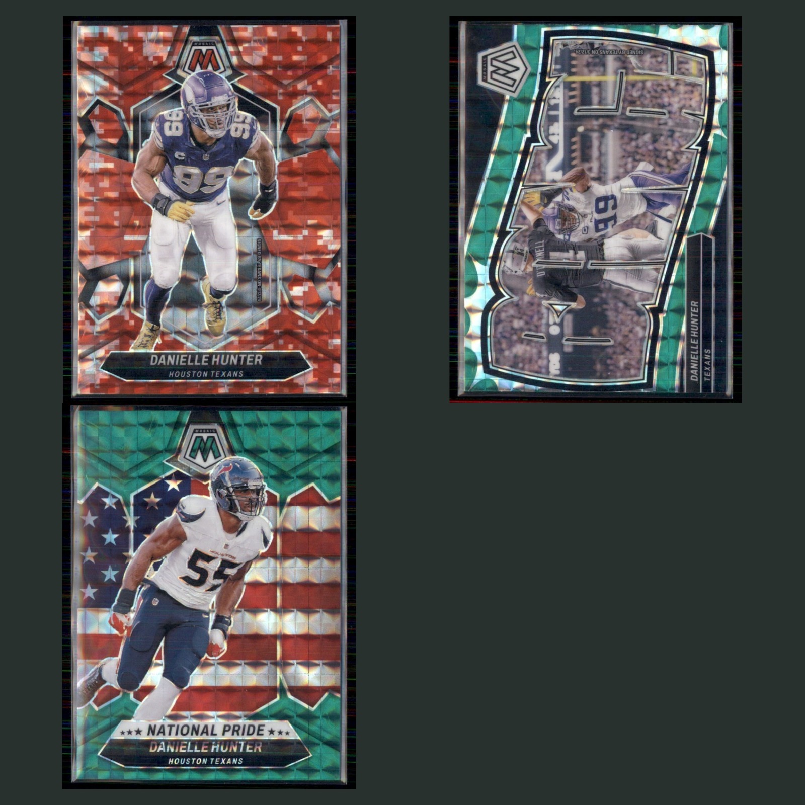 Danielle Hunter Lot 3 Football Cards 2024 Panini Mosaic Red Camo Prizm Texans NM card scans. Overall card condition is Near Mint.