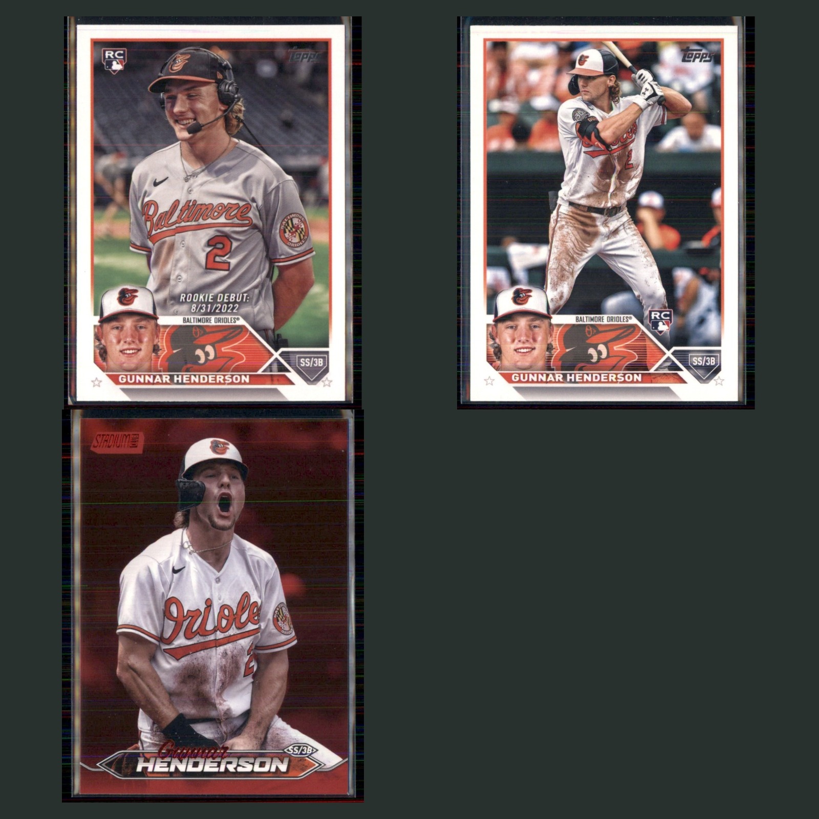 Gunnar Henderson Rookie Lot 3 Baseball Cards 2023 Topps Update Baltimore Orioles card scans. Overall card condition is Near Mint.