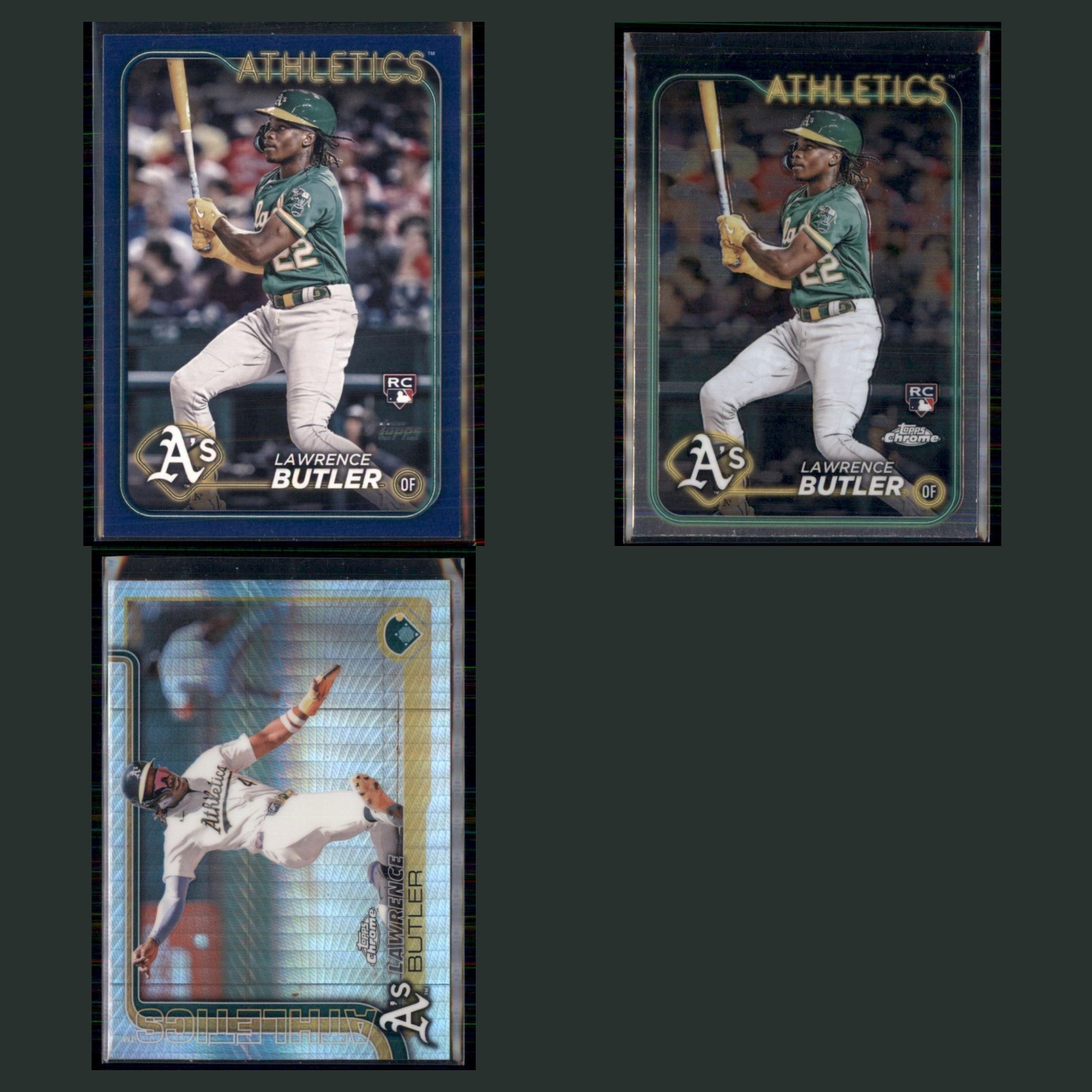 Lawrence Butler Rookie Lot 3 Baseball Cards 2024 Topps Royal Blue Athletics Set card scans. Overall card condition is Near Mint.