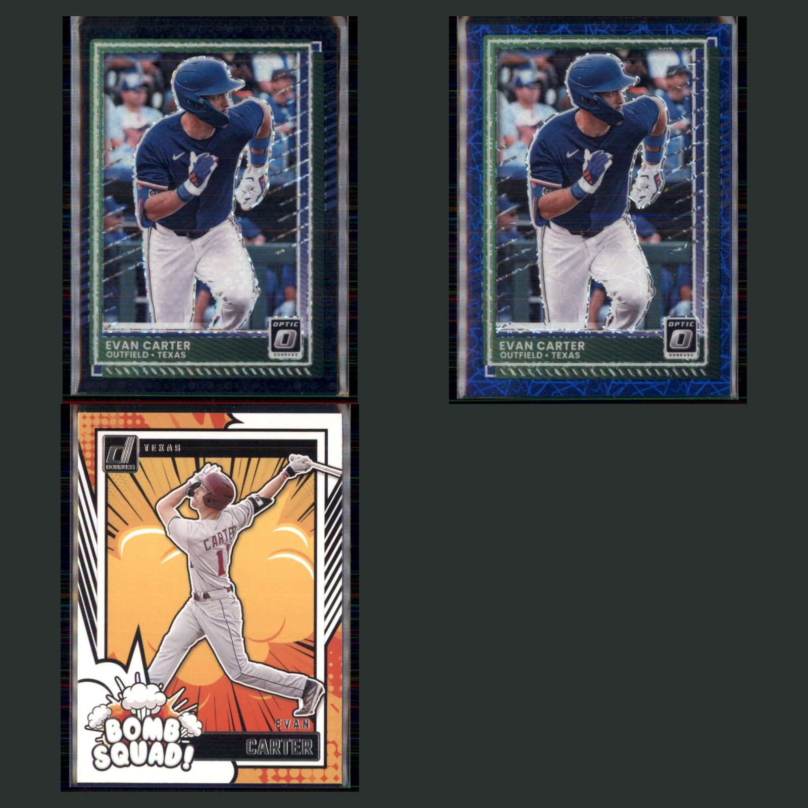 Evan Carter Lot 3 Baseball Cards 2025 Donruss Optic Black Disco Prizm Rangers NM card scans. Overall card condition is Near Mint.