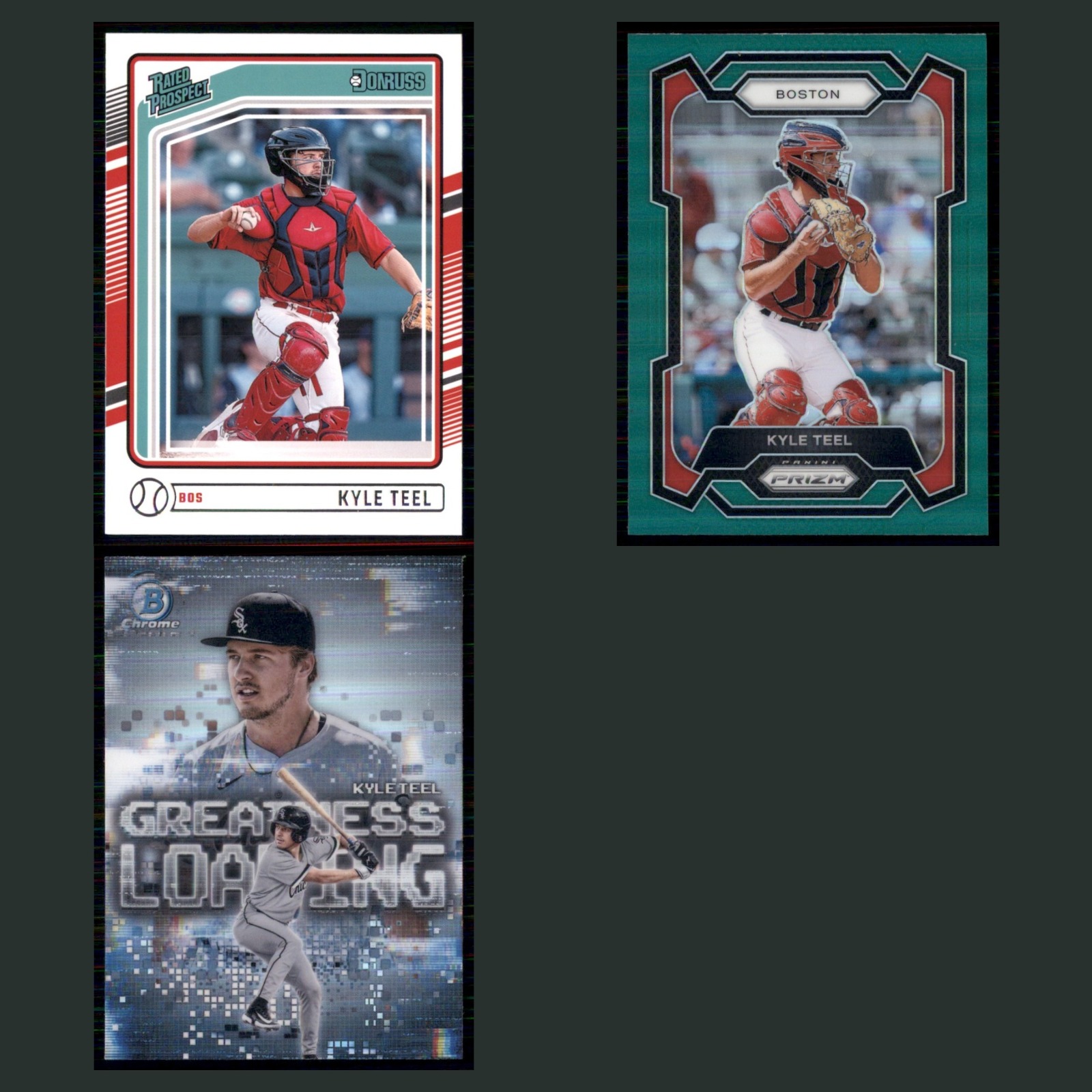Kyle Teel Rookie Lot 3 Baseball Cards 2024 Donruss Rated Prospect Boston Red Sox card scans. Overall card condition is Near Mint.