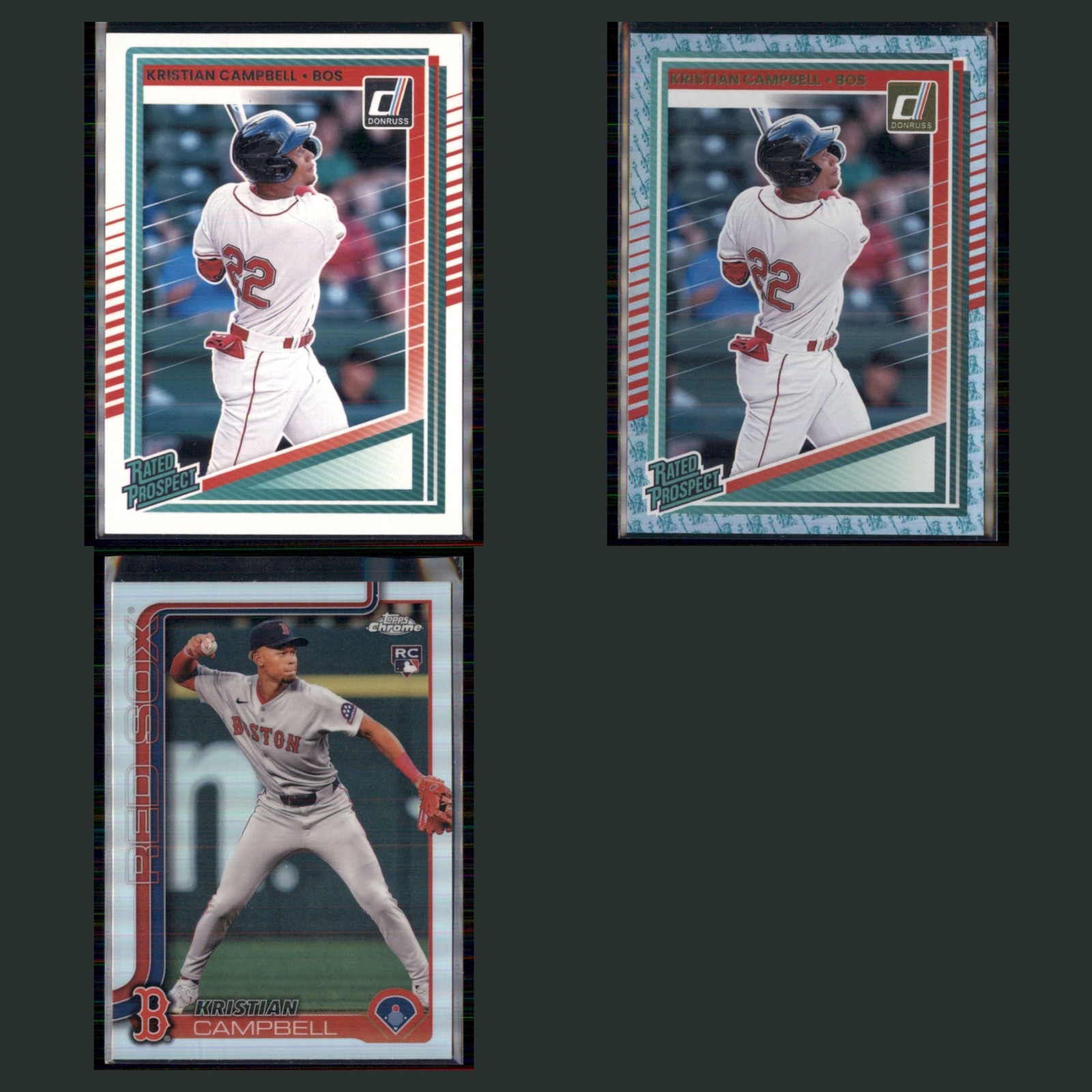 Kristian Campbell Rookie Lot 3 Baseball Cards 2025 Donruss Boston Red Sox Set NM card scans. Overall card condition is Near Mint.