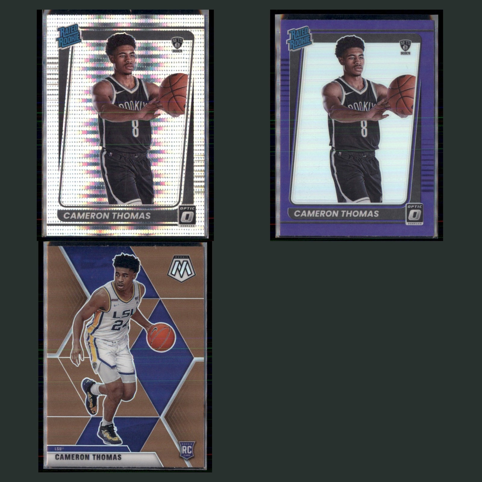 Cameron Thomas Rookie Lot 3 Basketball Cards 2021 Brooklyn Nets Set Collection card scans. Overall card condition is Near Mint.