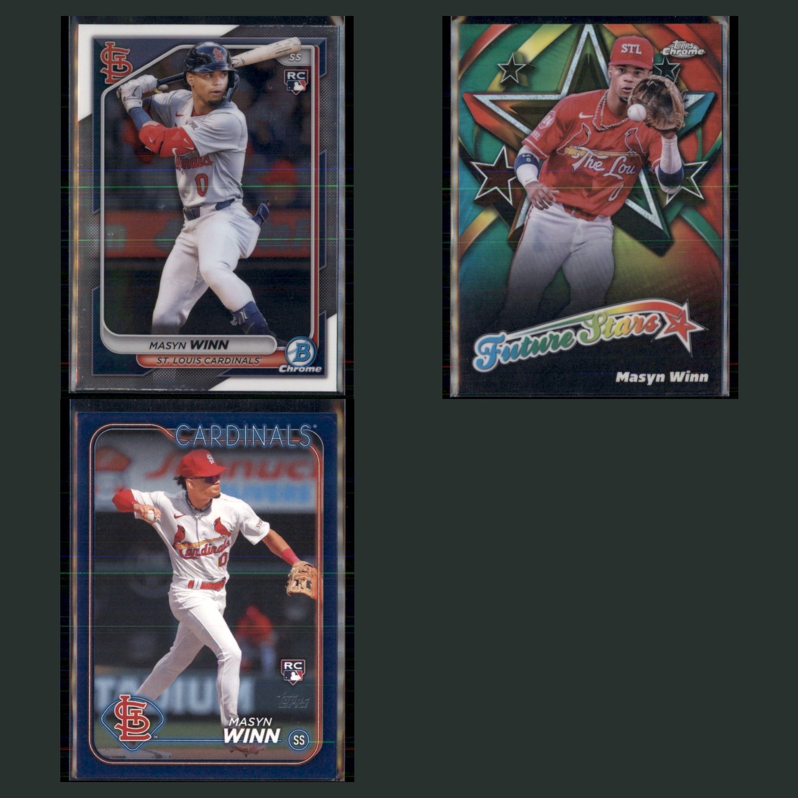 Masyn Winn Rookie Lot 3 Baseball Cards 2024 Bowman Chrome St. Louis Cardinals NM card scans. Overall card condition is Near Mint.