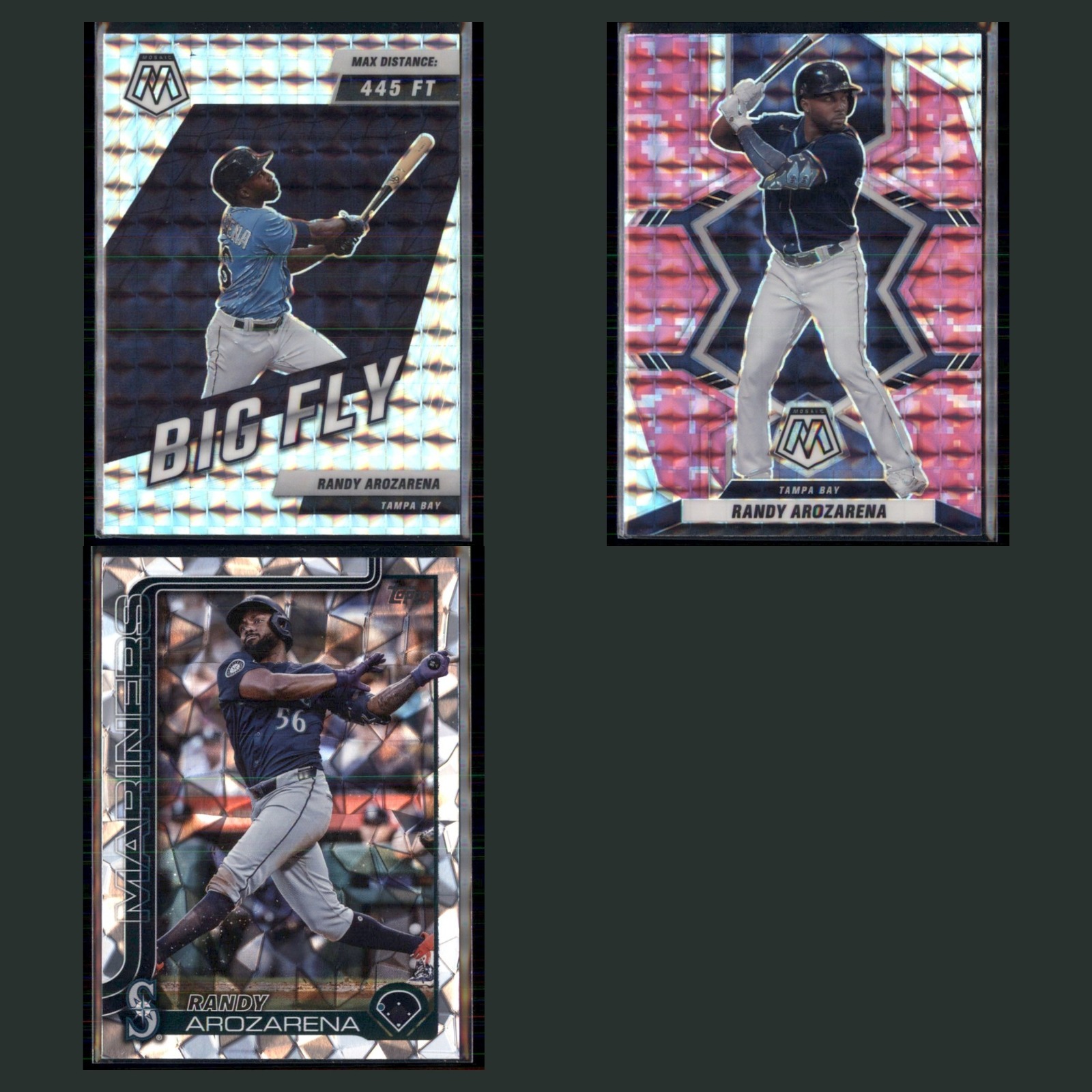 Randy Arozarena Lot 3 Baseball Cards 2022 Panini Mosaic Big Fly Silver Prizm Set card scans. Overall card condition is Near Mint.