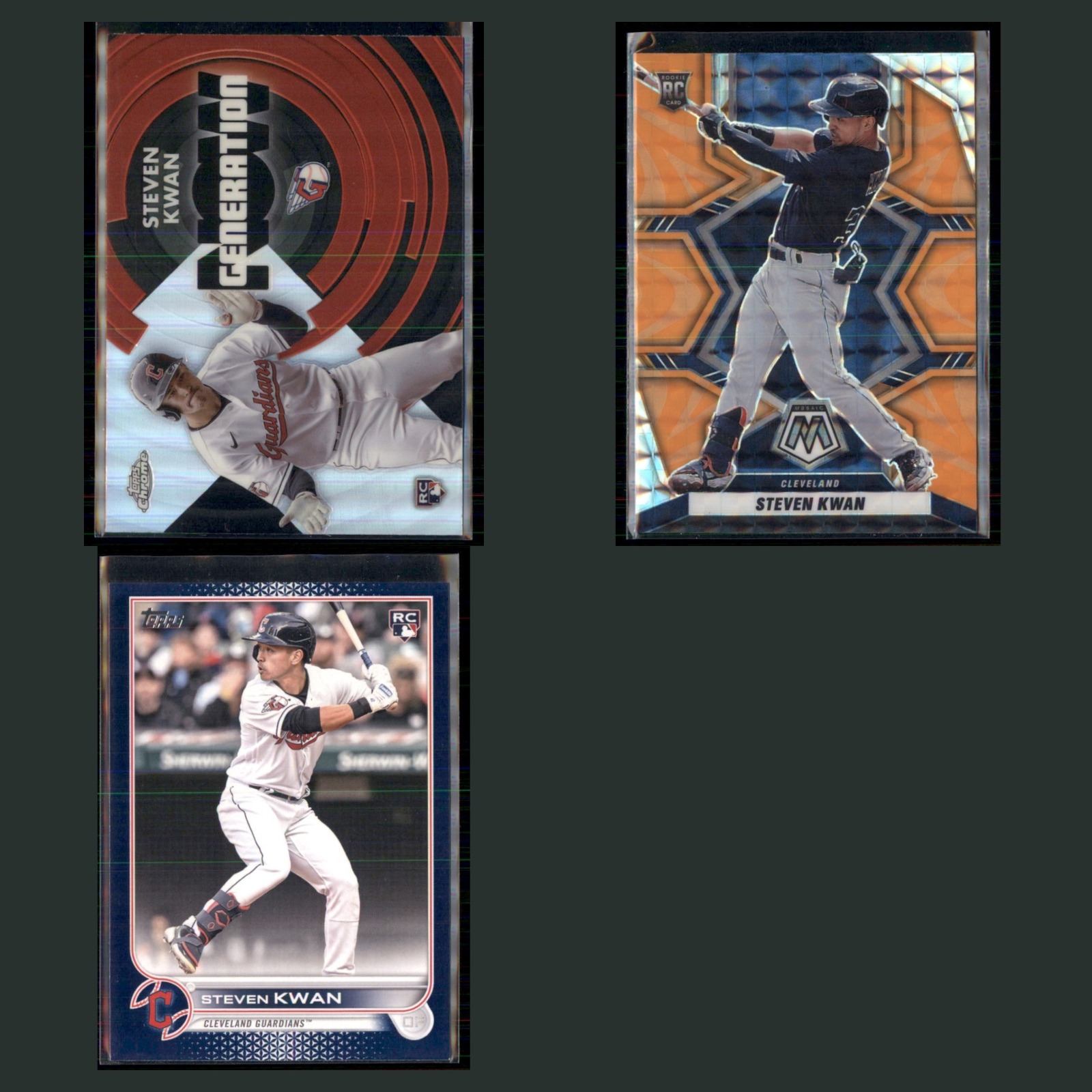 Steven Kwan Rookie Lot 3 Baseball Cards 2022 Topps Chrome Update Generation Now card scans. Overall card condition is Near Mint.