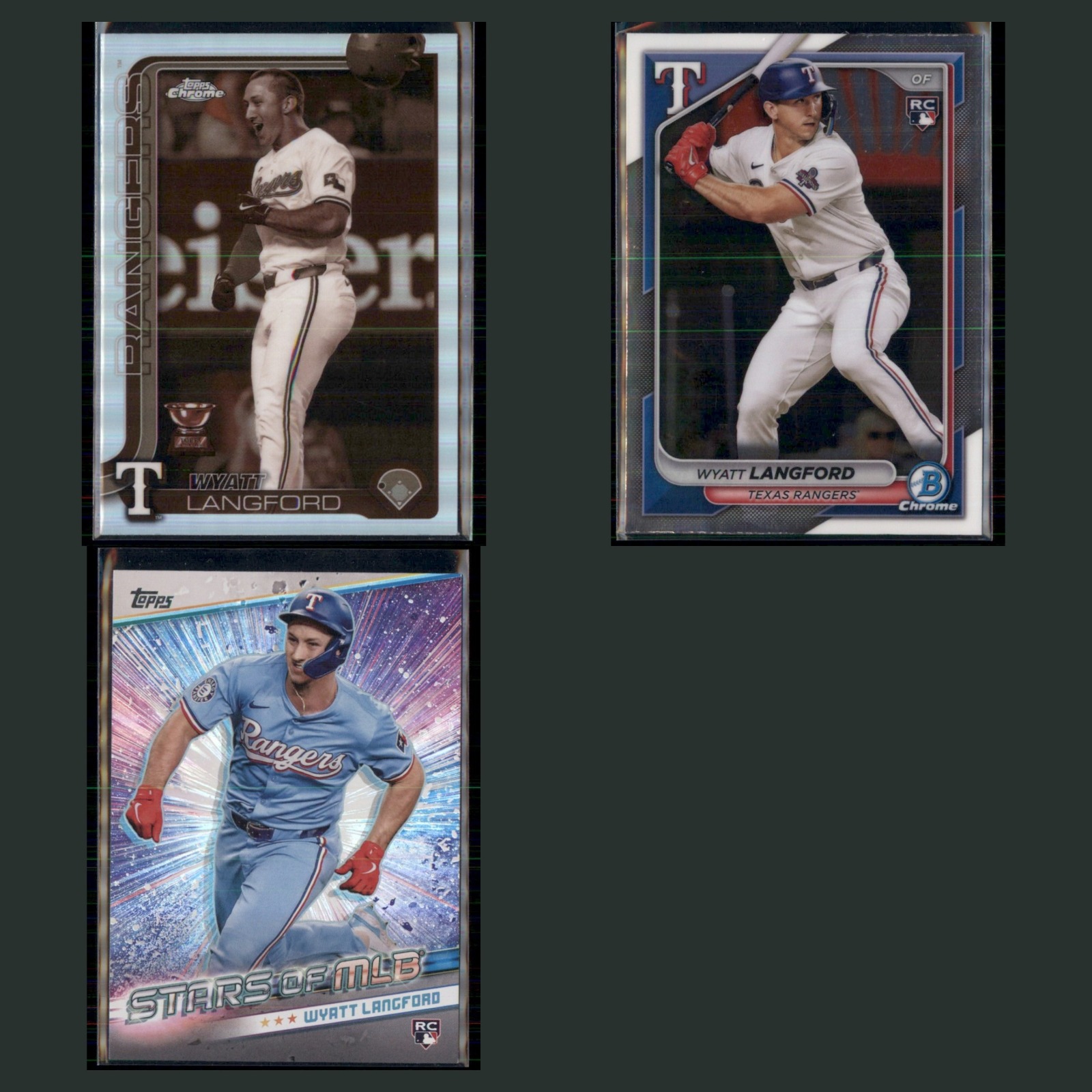 Wyatt Langford Lot 3 Baseball Cards 2025 Topps Chrome Sepia Refractor Rangers NM card scans. Overall card condition is Near Mint.