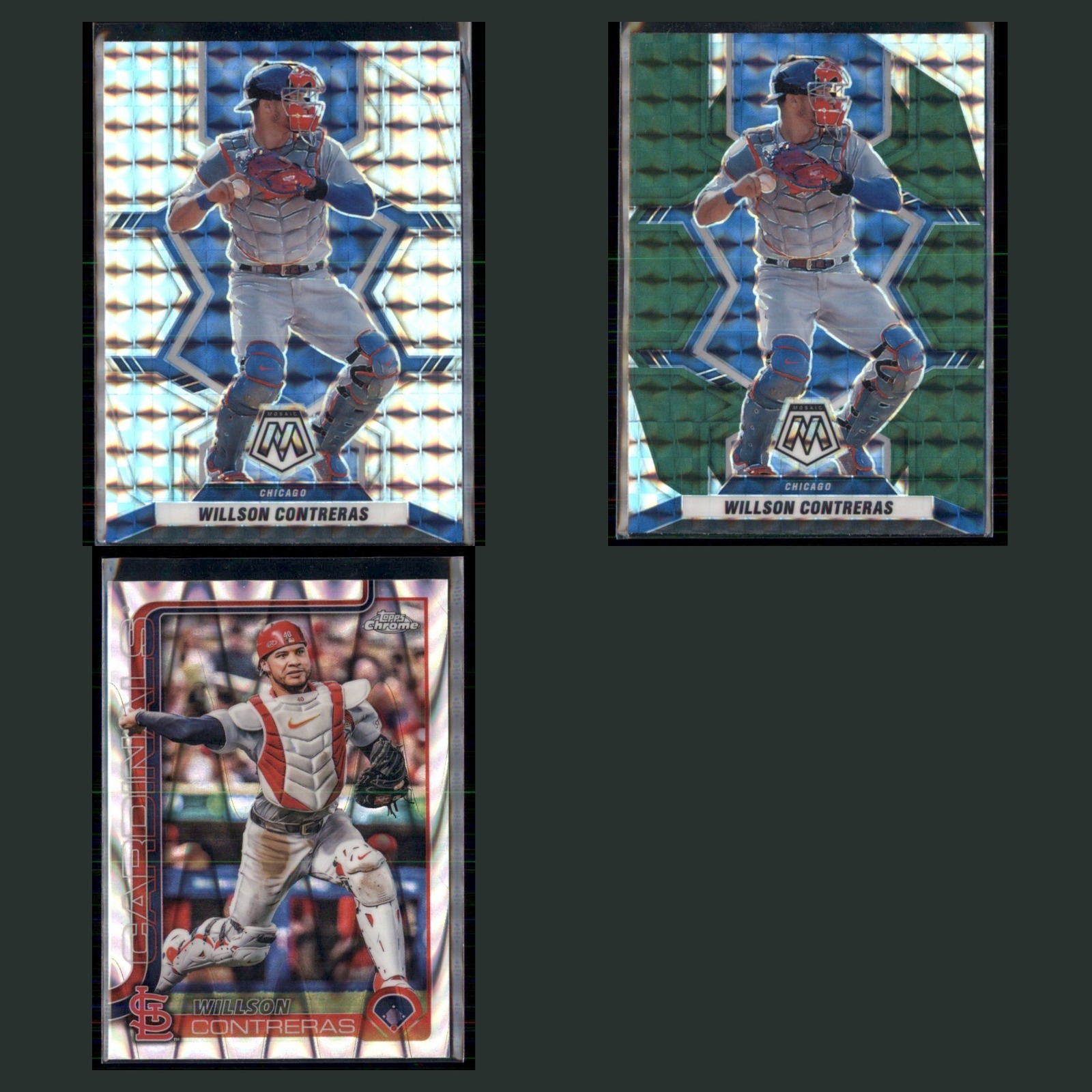 Willson Contreras Lot 3 Baseball Cards 2022 Panini Mosaic Silver Prizm Cubs Set card scans. Overall card condition is Near Mint.