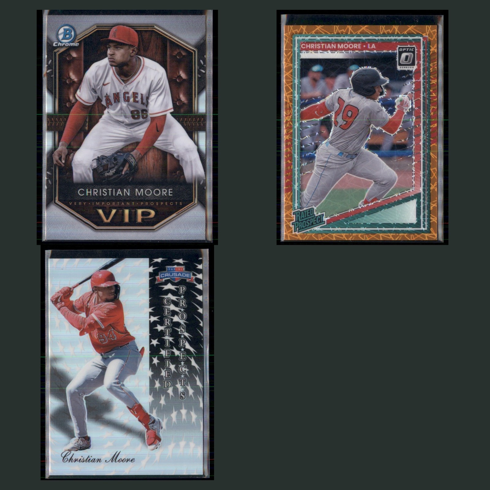 Christian Moore Lot 3 Baseball Cards 2025 Bowman Very Important Prospects Angels card scans. Overall card condition is Near Mint.