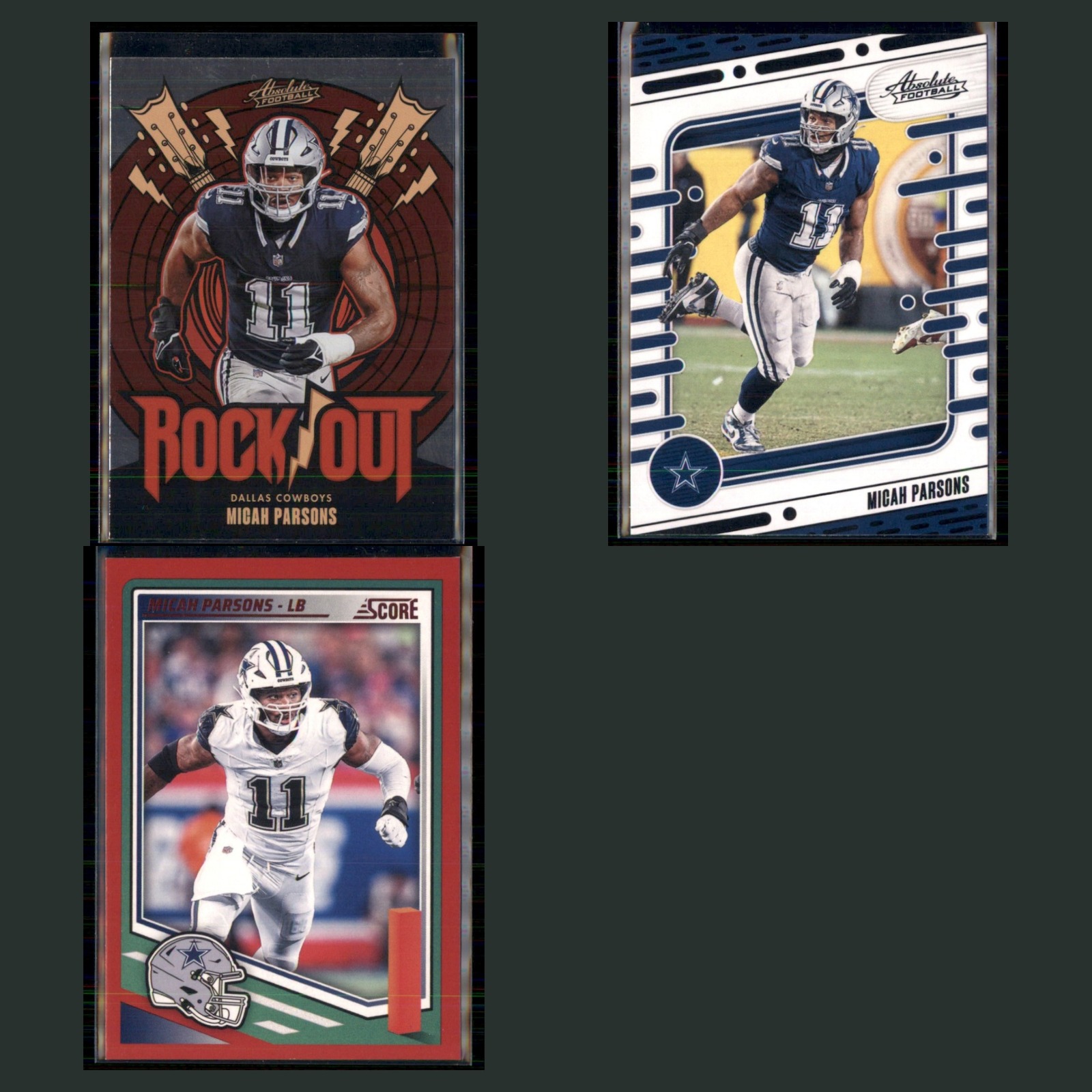 Micah Parsons Lot 3 Football Cards 2024 Panini Absolute Rock Out Dallas Cowboys card scans. Overall card condition is Near Mint.