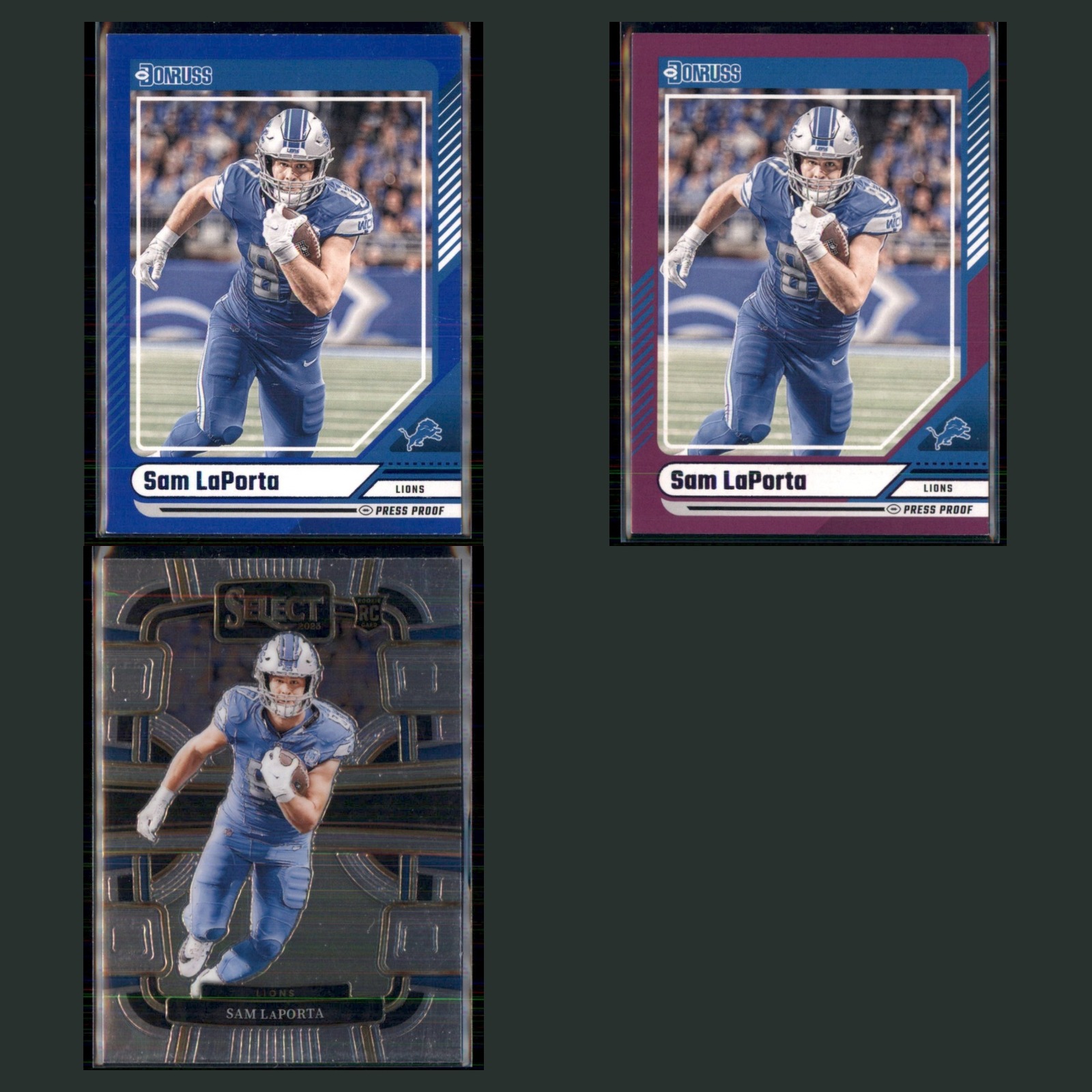 Sam LaPorta Lot 3 Football Cards 2024 Donruss Press Proof Blue Detroit Lions Set card scans. Overall card condition is Near Mint.