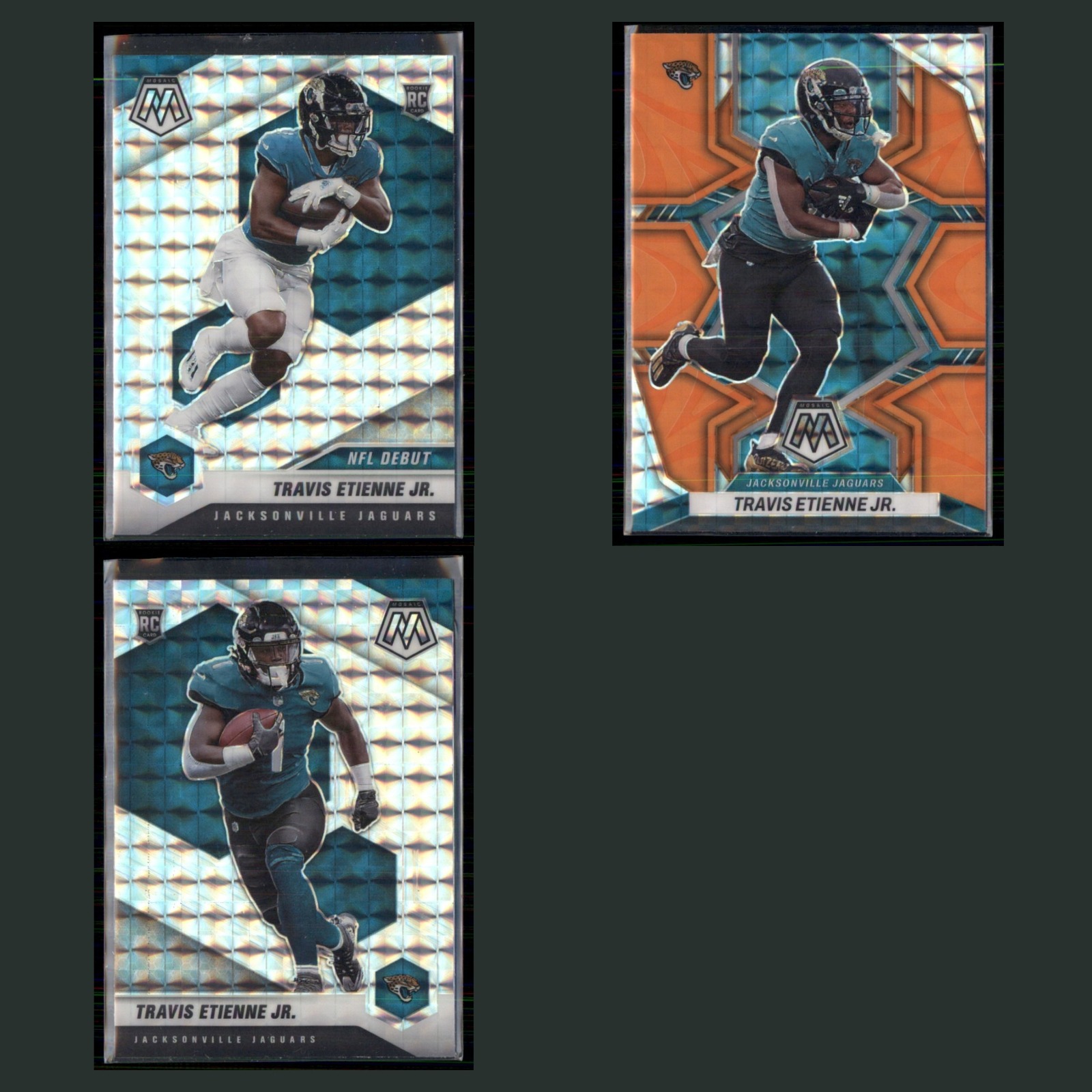 Travis Etienne Jr. Rookie Lot 3 Football Cards 2021 Panini Mosaic Silver Prizm card scans. Overall card condition is Near Mint.