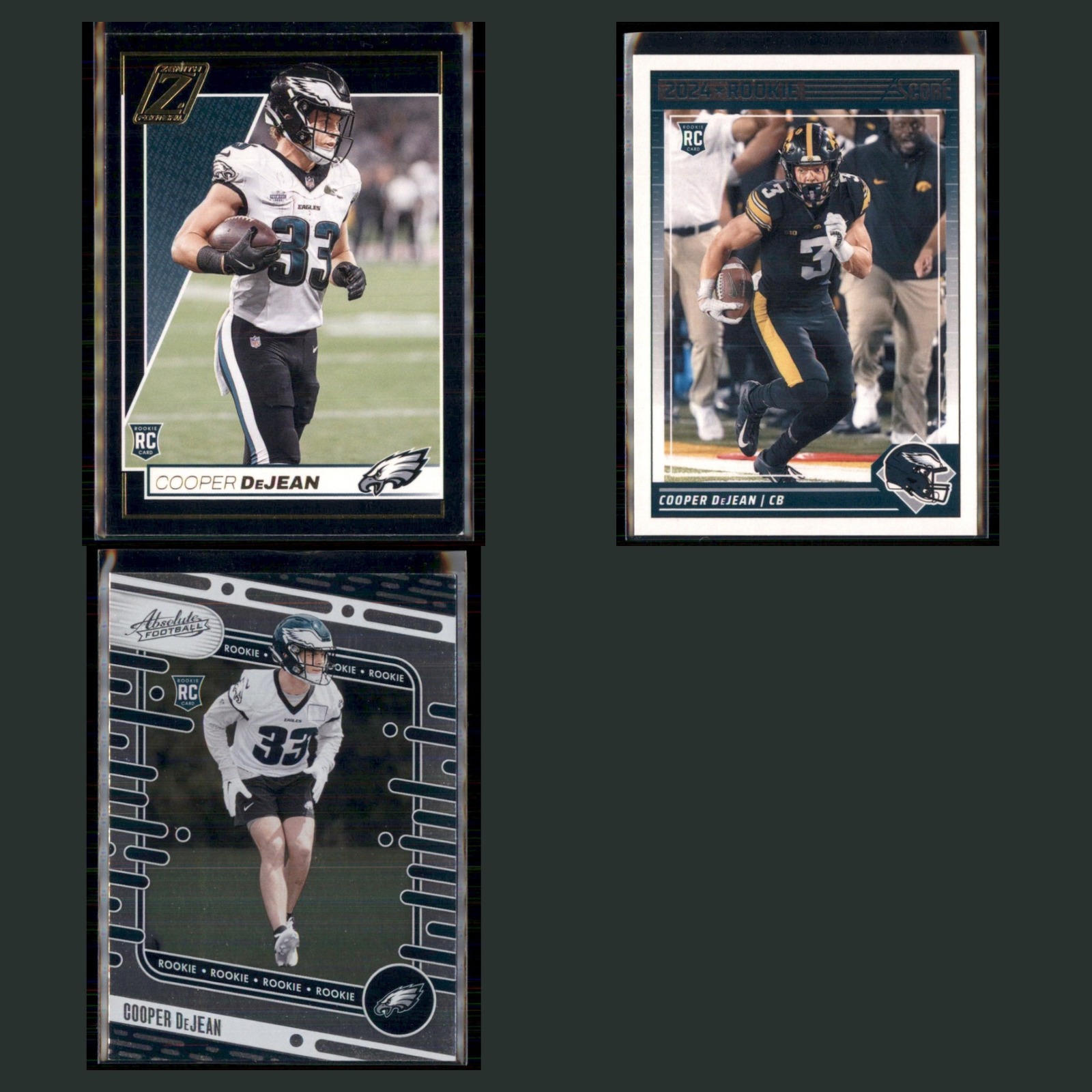Cooper DeJean Rookie Lot 3 Football Cards 2024 Panini Zenith Philadelphia Eagles card scans. Overall card condition is Near Mint.