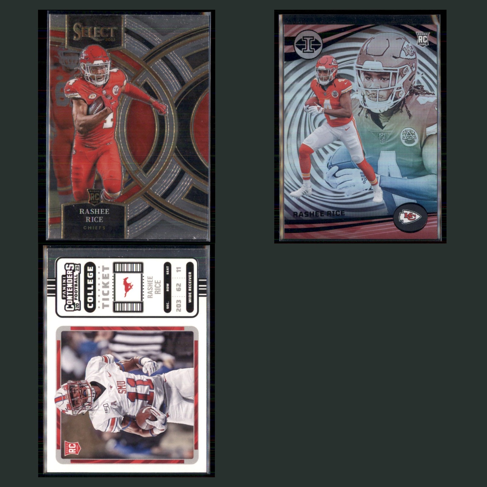 Rashee Rice Rookie Lot 3 Football Cards 2023 Panini Select Kansas City Chiefs NM card scans. Overall card condition is Near Mint.
