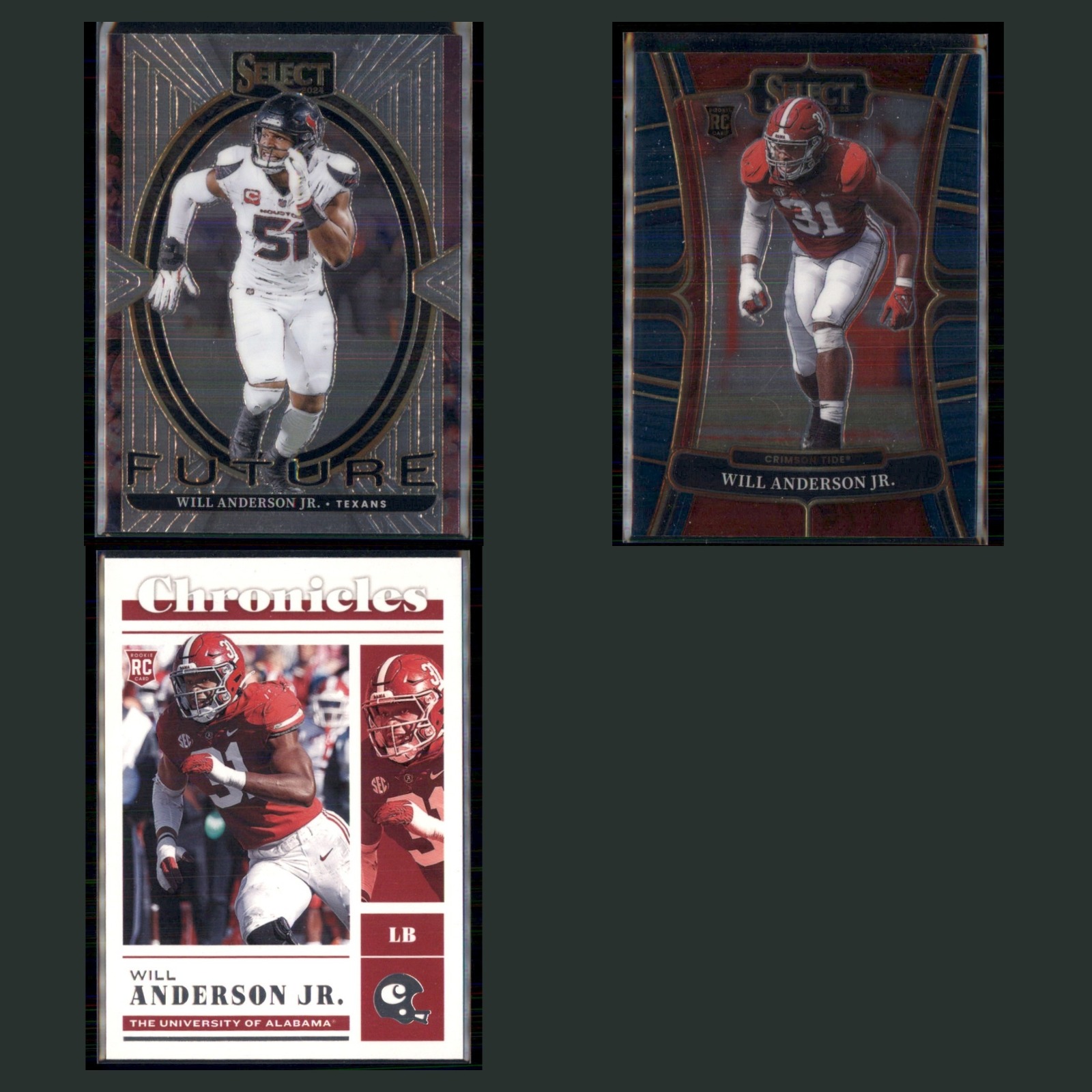 Will Anderson Jr. Rookie Lot 3 Football Cards 2024 Panini Select Future Texans card scans. Overall card condition is Near Mint.
