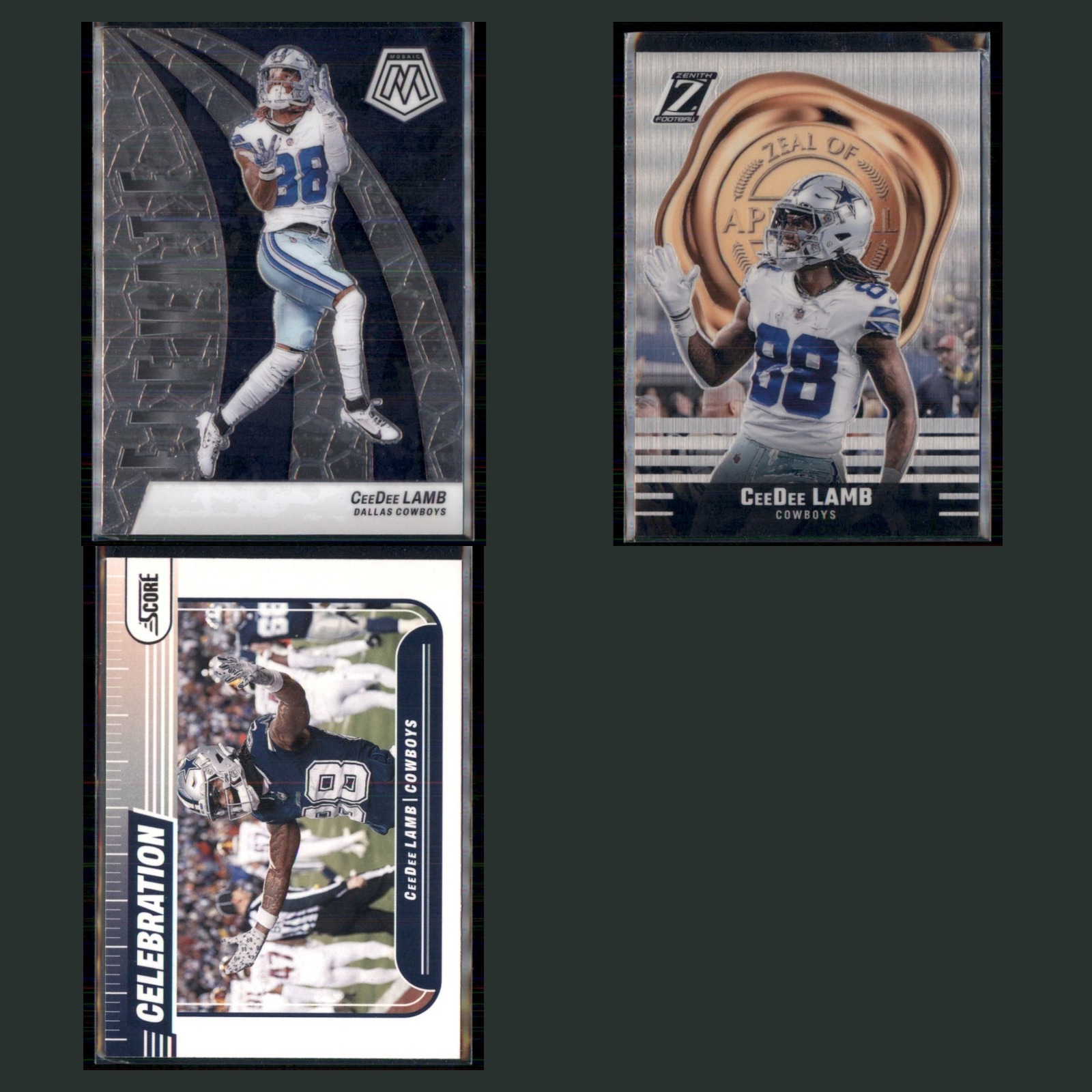 CeeDee Lamb Lot 3 Football Cards 2024 Panini Mosaic Elevate Dallas Cowboys Set card scans. Overall card condition is Near Mint.
