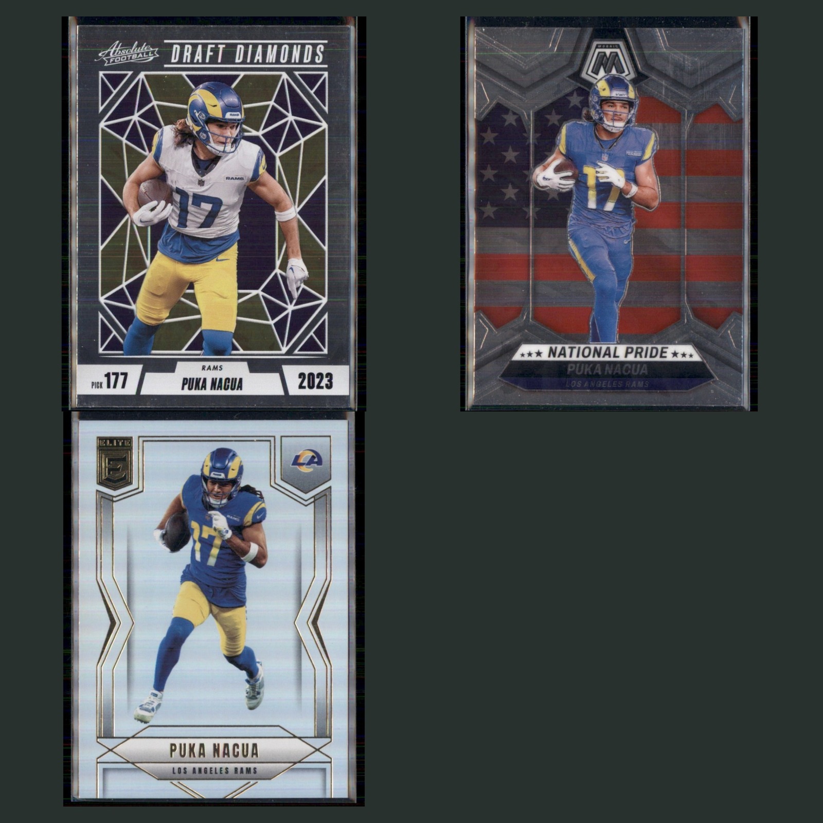 Puka Nacua Lot 3 Football Cards 2024 Panini Absolute Draft Diamonds Rams Set NFL card scans. Overall card condition is Near Mint.