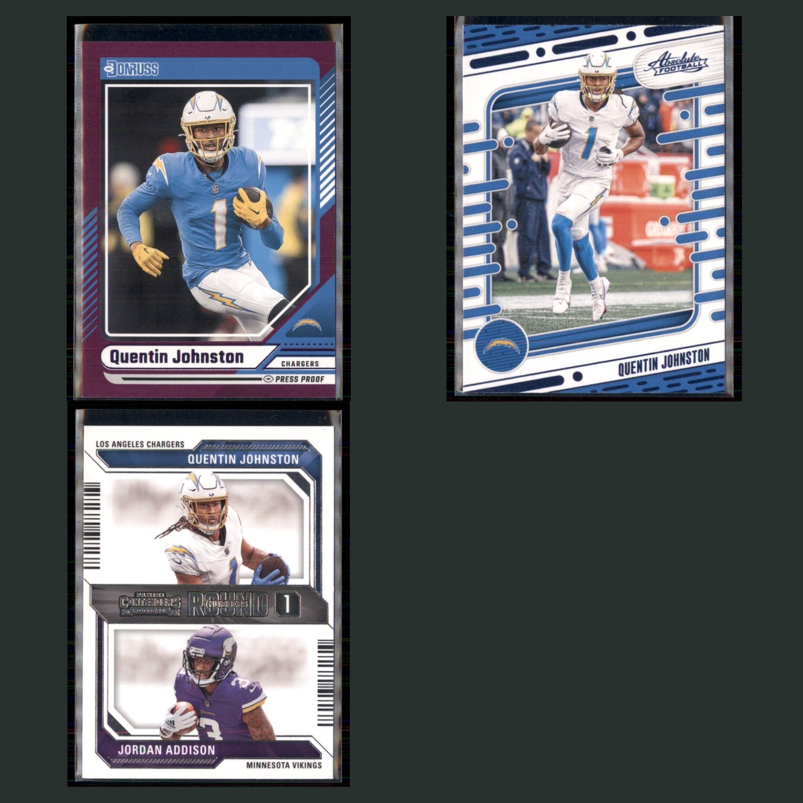 Quentin Johnston Lot 3 Football Cards 2024 Donruss Press Proof Purple Chargers card scans. Overall card condition is Near Mint.