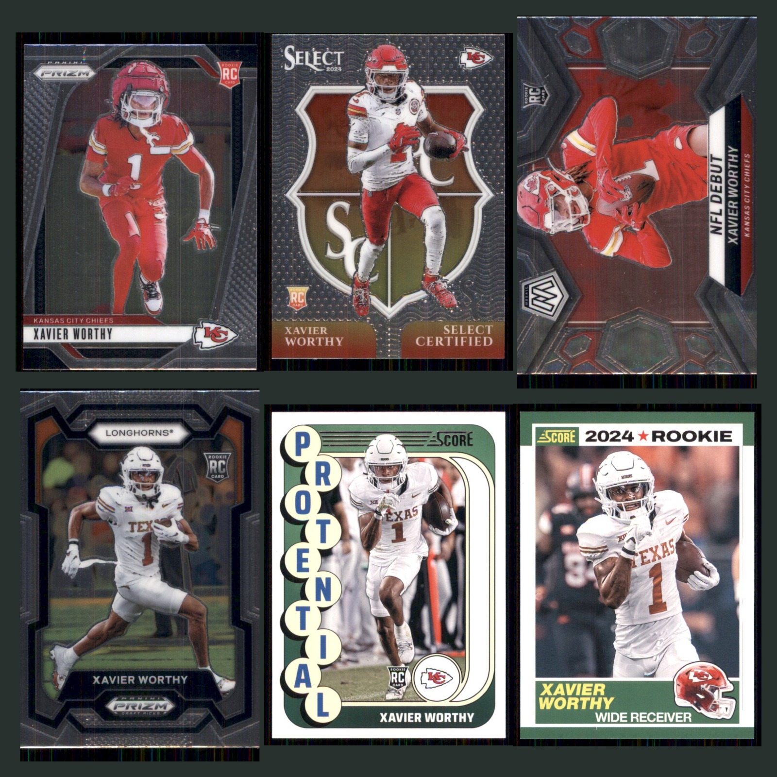 Xavier Worthy Rookie Lot 6 Football Cards 2024 Panini Prizm Kansas City Chiefs card scans. Overall card condition is Near Mint.