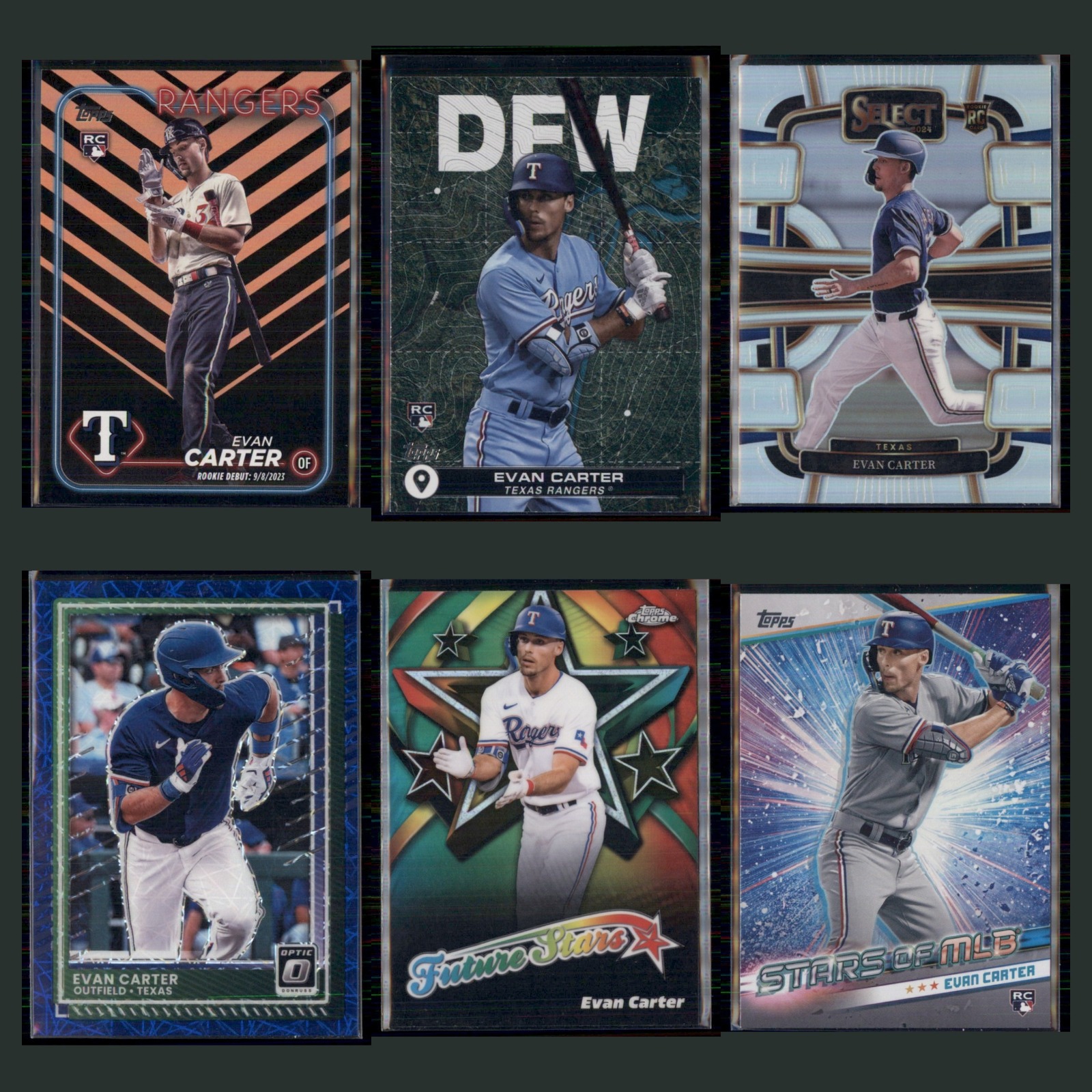 Evan Carter Rookie Lot 6 Baseball Cards 2024 Topps Update Texas Rangers Set MLB card scans. Overall card condition is Near Mint.