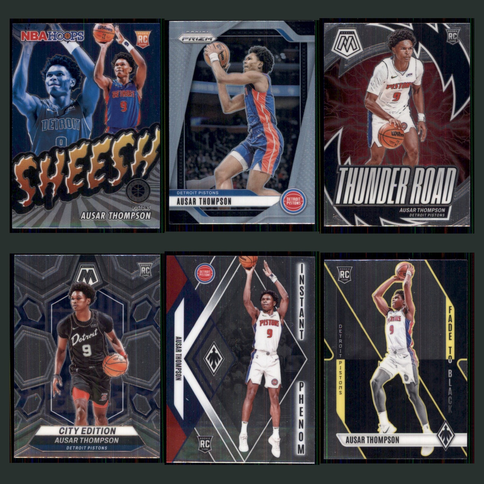 Ausar Thompson Rookie Lot 6 Basketball Cards 2023 Hoops Premium Stock Sheesh Set card scans. Overall card condition is Near Mint.