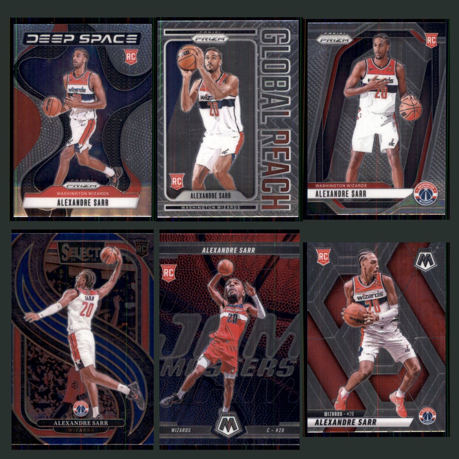 Alexandre Sarr Rookie Lot 6 Basketball Cards 2024 Panini Prizm Deep Space Set NM card scans. Overall card condition is Near Mint.