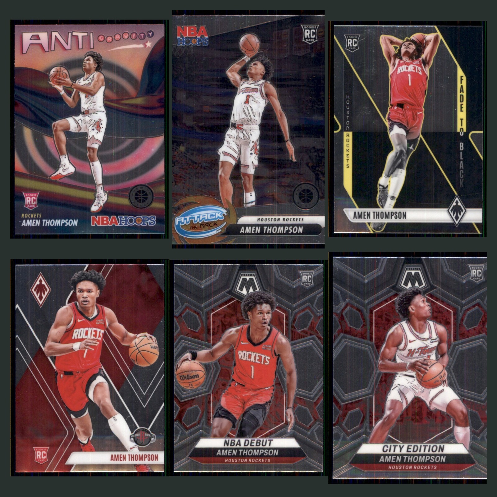 Amen Thompson Rookie Lot 6 Basketball Cards 2023 Hoops Antigravity Rockets Set card scans. Overall card condition is Near Mint.