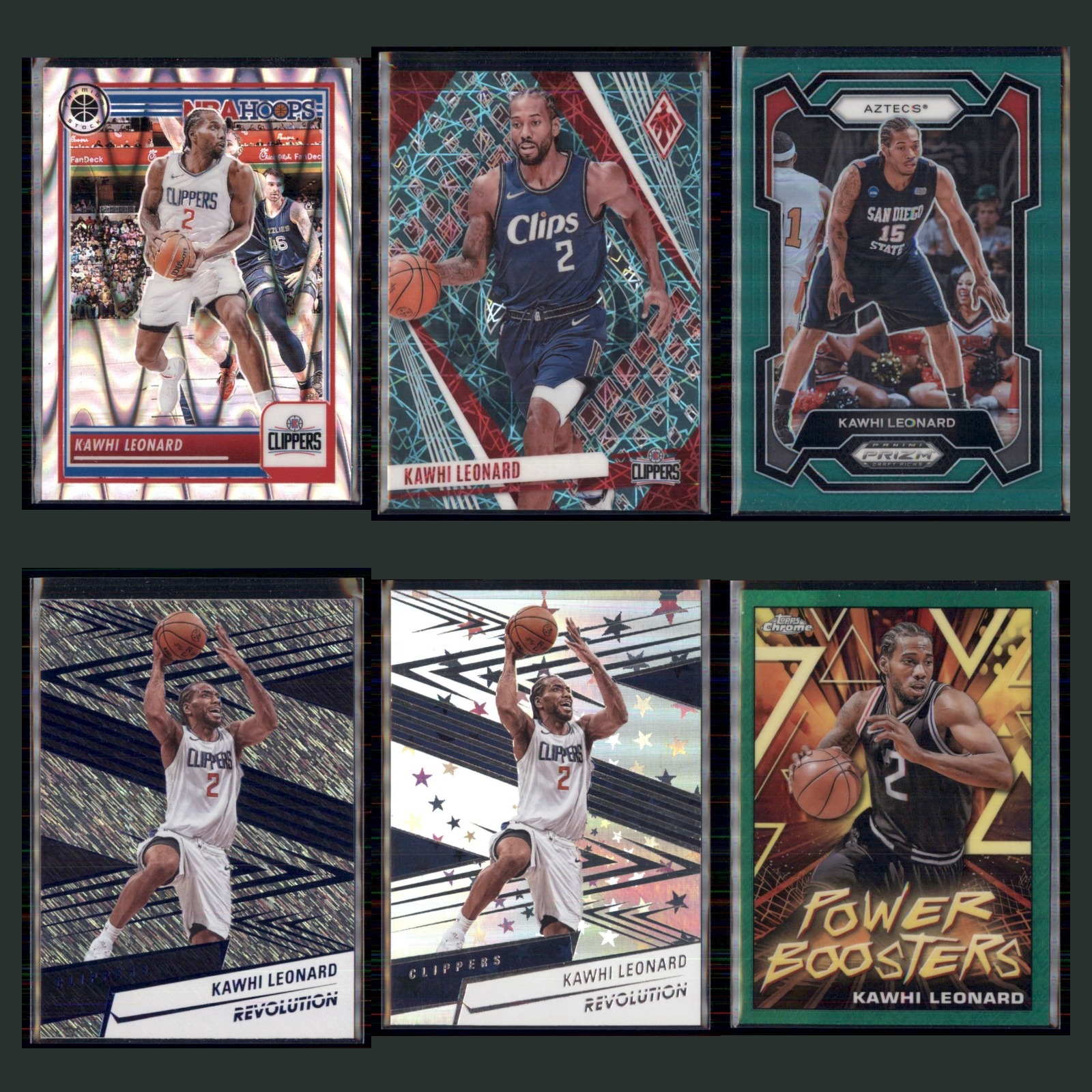Kawhi Leonard Lot 6 Basketball Cards 2023 Hoops Premium Stock Ray Wave Prizm Set card scans. Overall card condition is Near Mint.