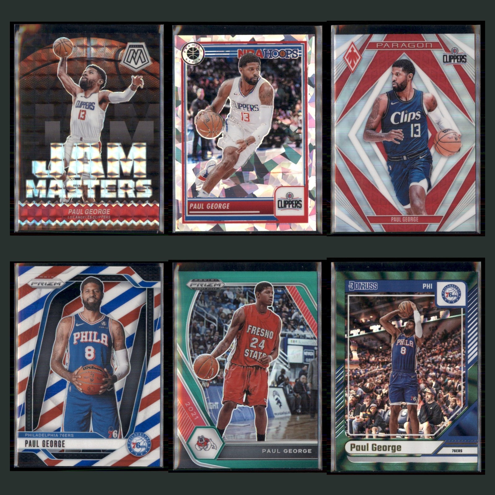 Paul George Lot 6 Basketball Cards 2023 Panini Mosaic Jam Masters Silver Prizm card scans. Overall card condition is Near Mint.