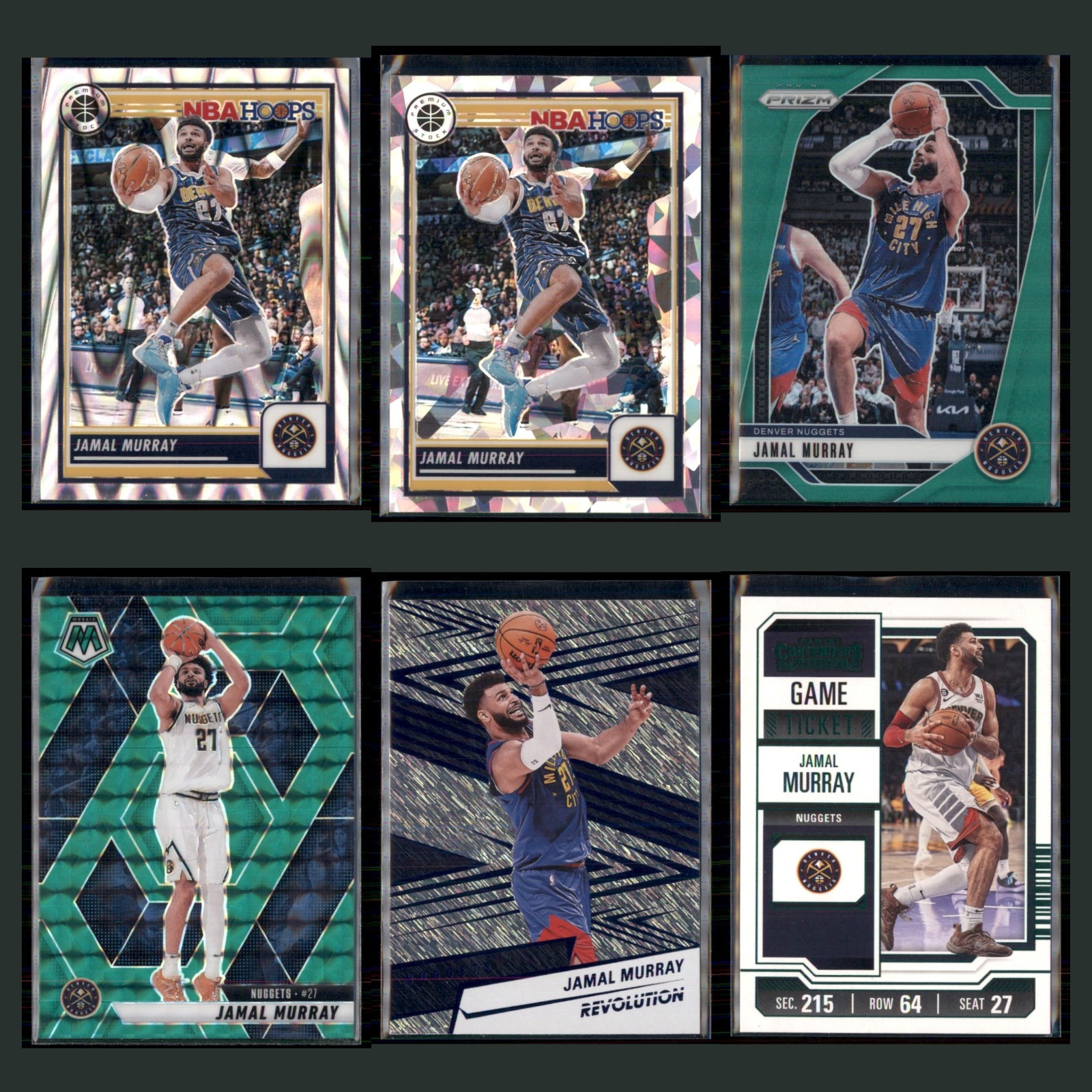 Jamal Murray Lot 6 Basketball Cards 2023 Hoops Premium Stock Ray Wave Prizm Set card scans. Overall card condition is Near Mint.