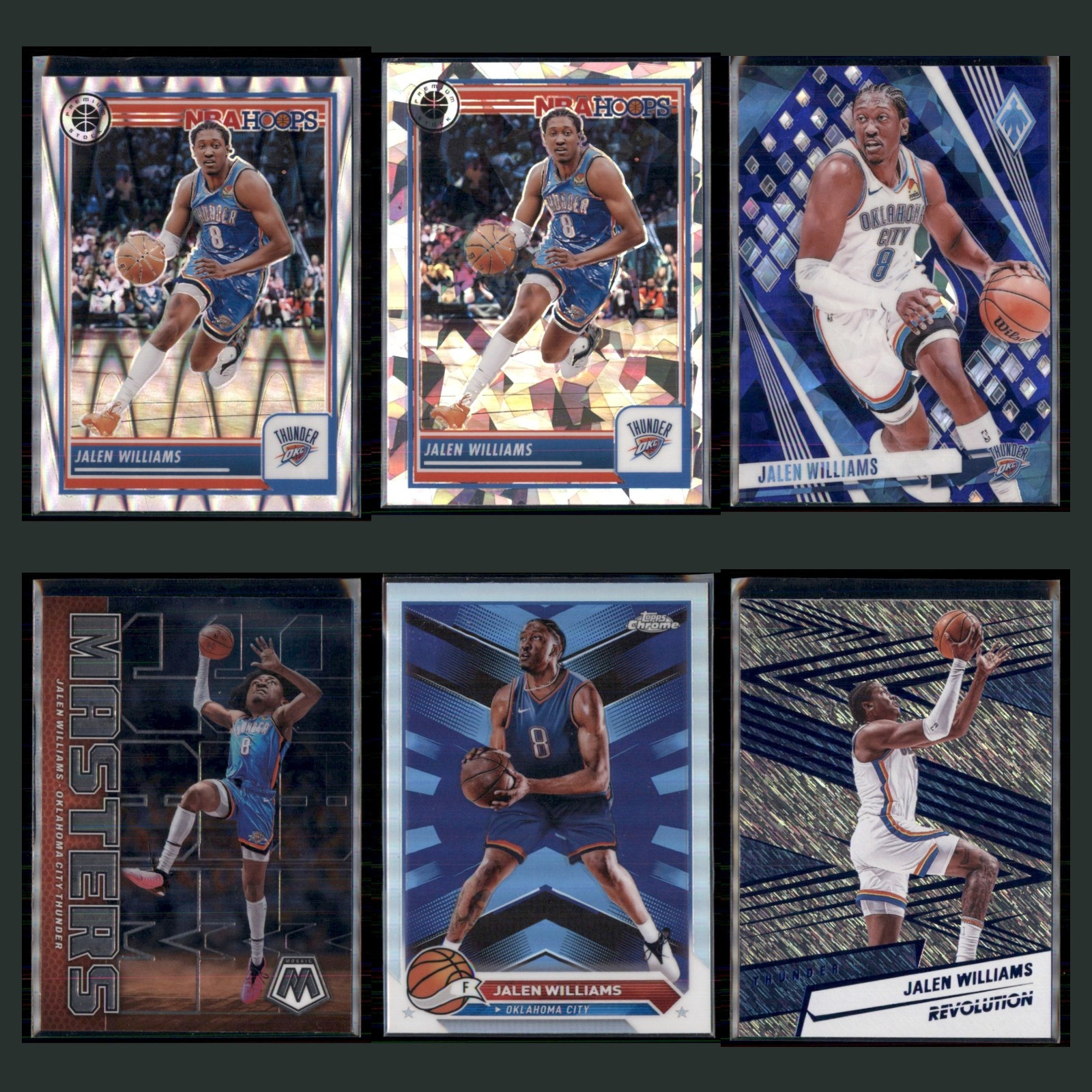 Jalen Williams Lot 6 Basketball Cards 2023 Hoops Premium Stock Ray Wave Prizm NM card scans. Overall card condition is Near Mint.