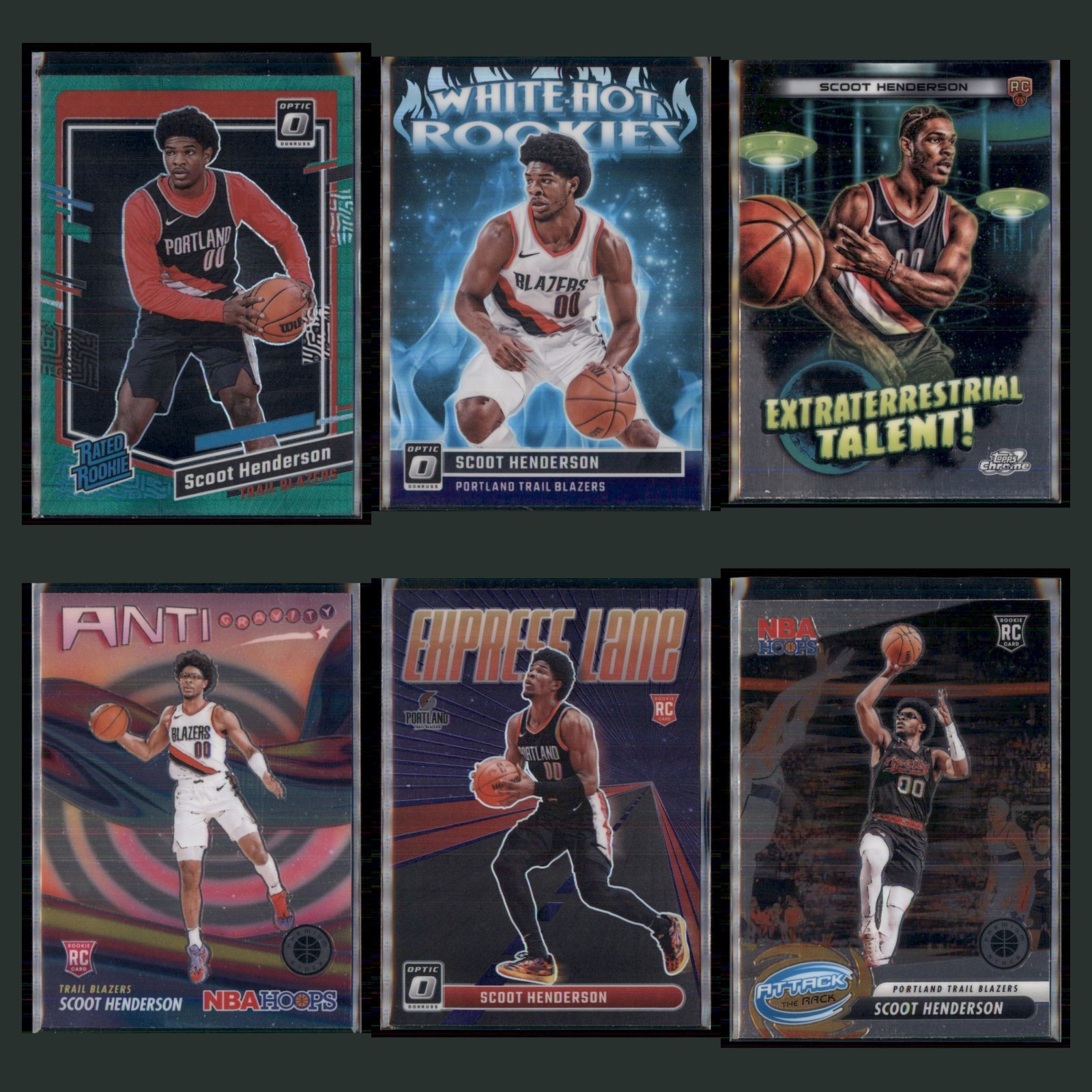 Scoot Henderson Rookie Lot 6 Basketball Cards 2023 Donruss Optic Green Prizm Set card scans. Overall card condition is Near Mint.